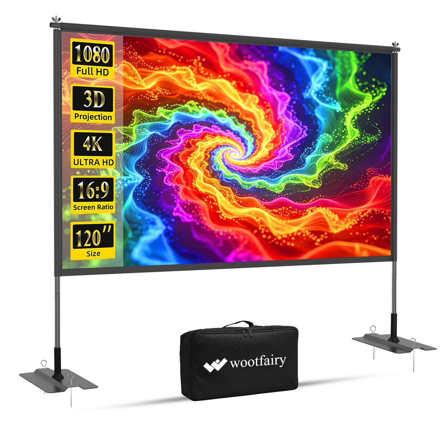 120Beamer Leinwand mit Stativ, rutschfest Projektorleinwand mit Tragetasche | 16:9 Full HD Faltbarer Beamer Leinwand, Projektion Leinwand mit Stand ür Heimkino, Büro und Camping