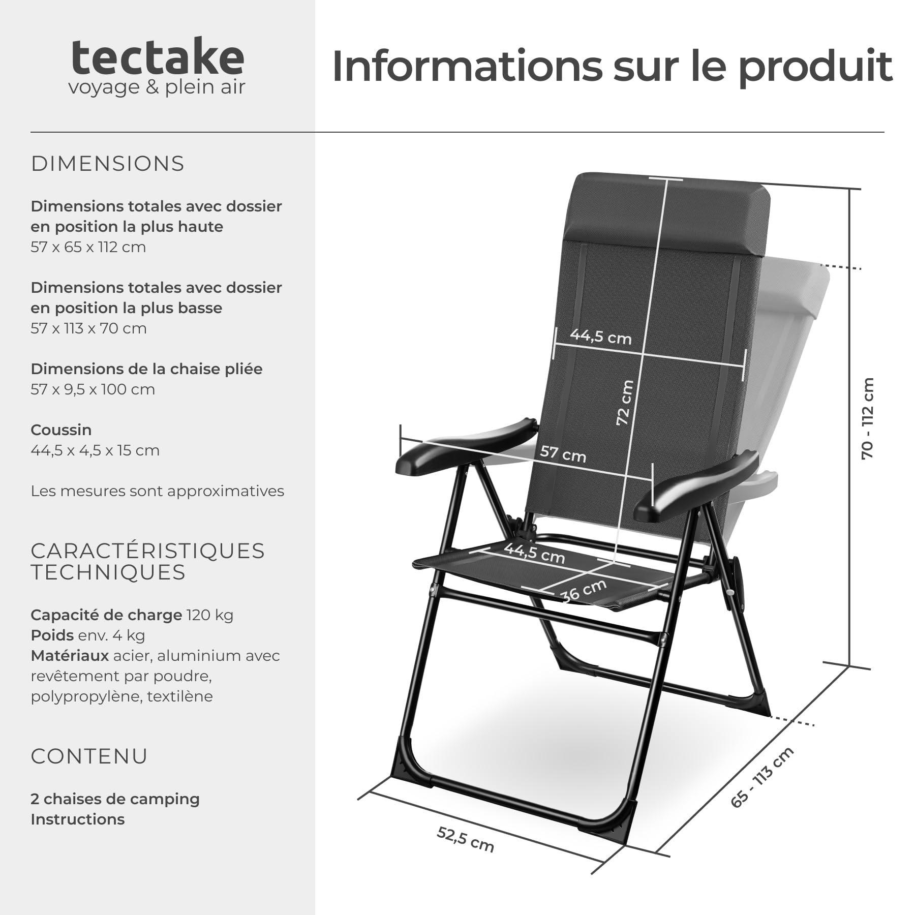 tectake® Lot de 2 Chaise Pliante Camping Fauteuil Pliable Gris Chaise de Plage Ultra léger en Aluminium avec Dossier inclinable & appuie-tête Idéal Voyages, Pêche, Festival, Camping, Plage, Jardin