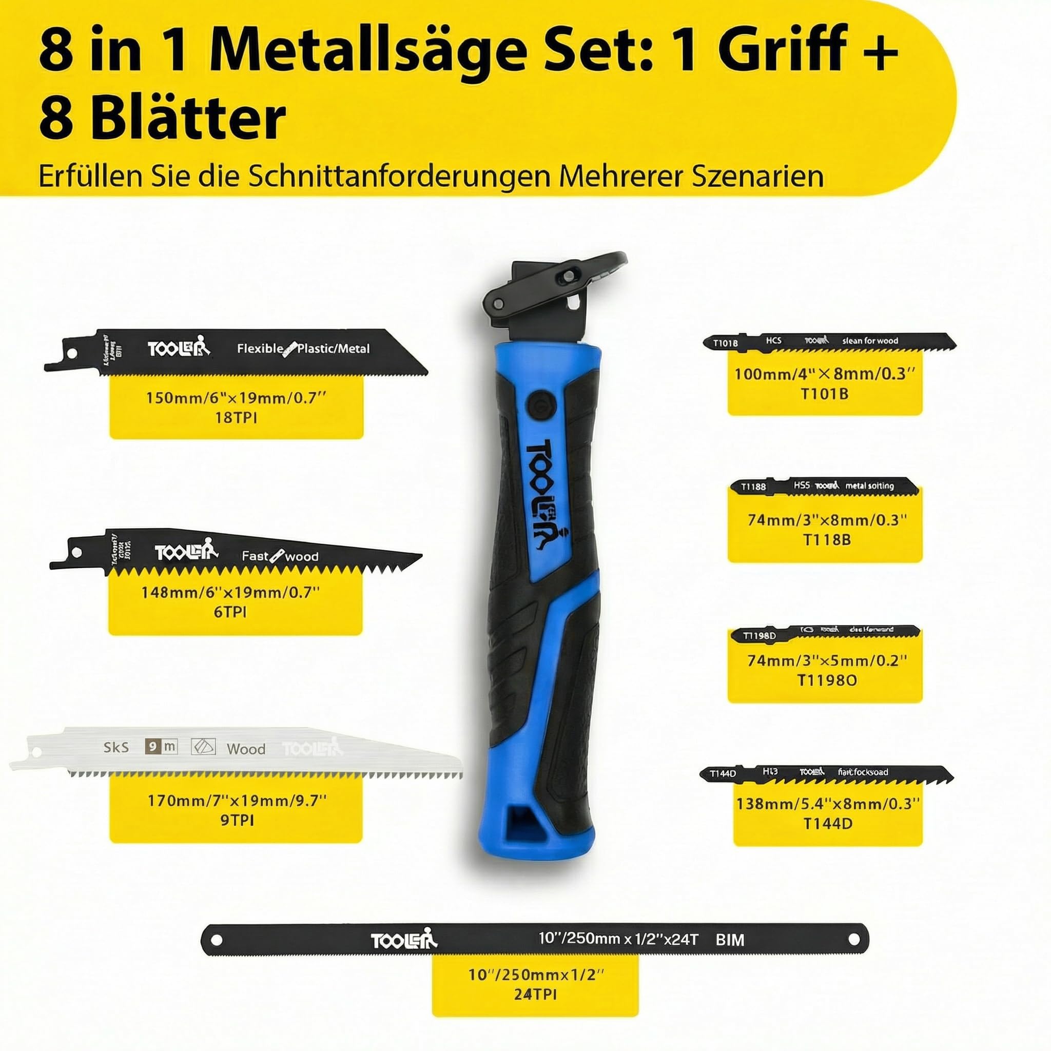 Magicbox 8 en 1 - Juego de sierras para metales (8 cuchillas intercambiables para madera, metal, paneles de yeso y plástico, diseño de bloqueo automático, mango ergonómico
