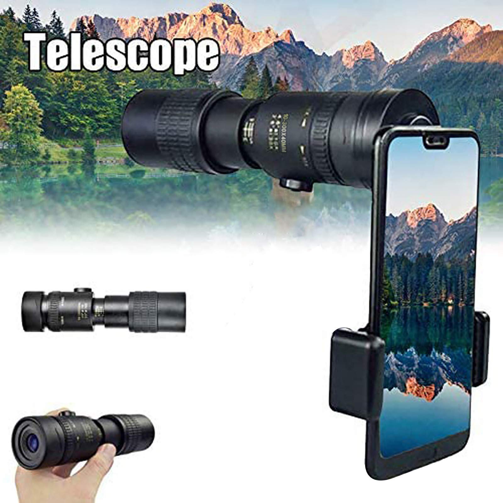 Telescopio monocular Alta Potencia 4k, 10-300x40 mm, superteleobjetivo, Zoom, Ligero, para Exteriores, con Soporte para teléfono, binoculares para observación Aves y Acampada.
