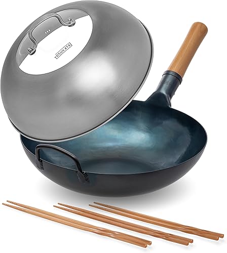 Miniatura 1 de YOSUKATA Wok Pan de fondo plano - Wok de acero al carbono azul de 13.5 pulgadas + tapa de wok de 12.8 pulgadas + palillos de cocina largos de madera
