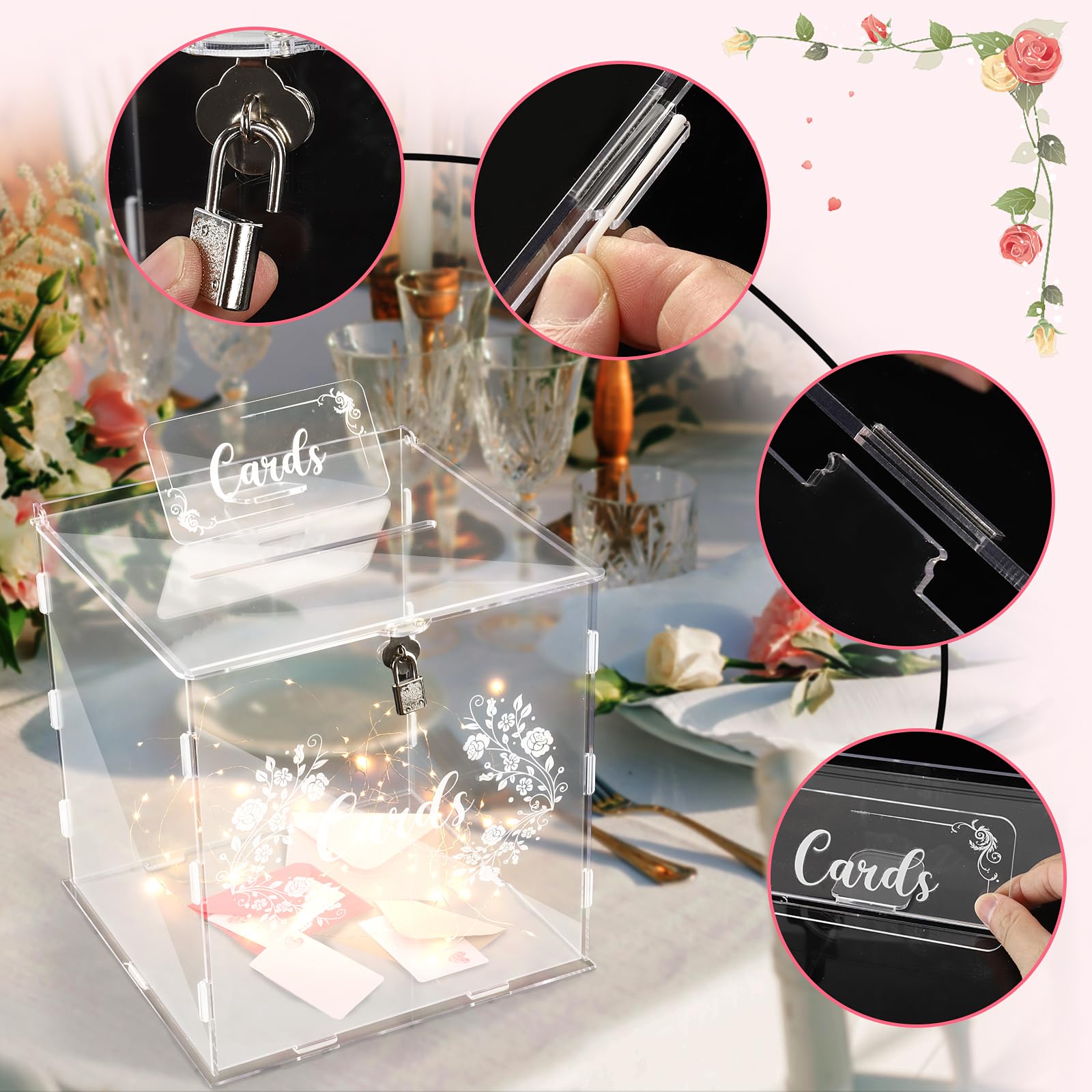 Cinnani Scatola Porta Buste Matrimonio, Acrilico Scatola di Carta di Nozze Grande Scatola per Matrimonio con Serratura e Slot per Ricevimento, Anniversario, Salvadanaio Matrimonio Trasparente