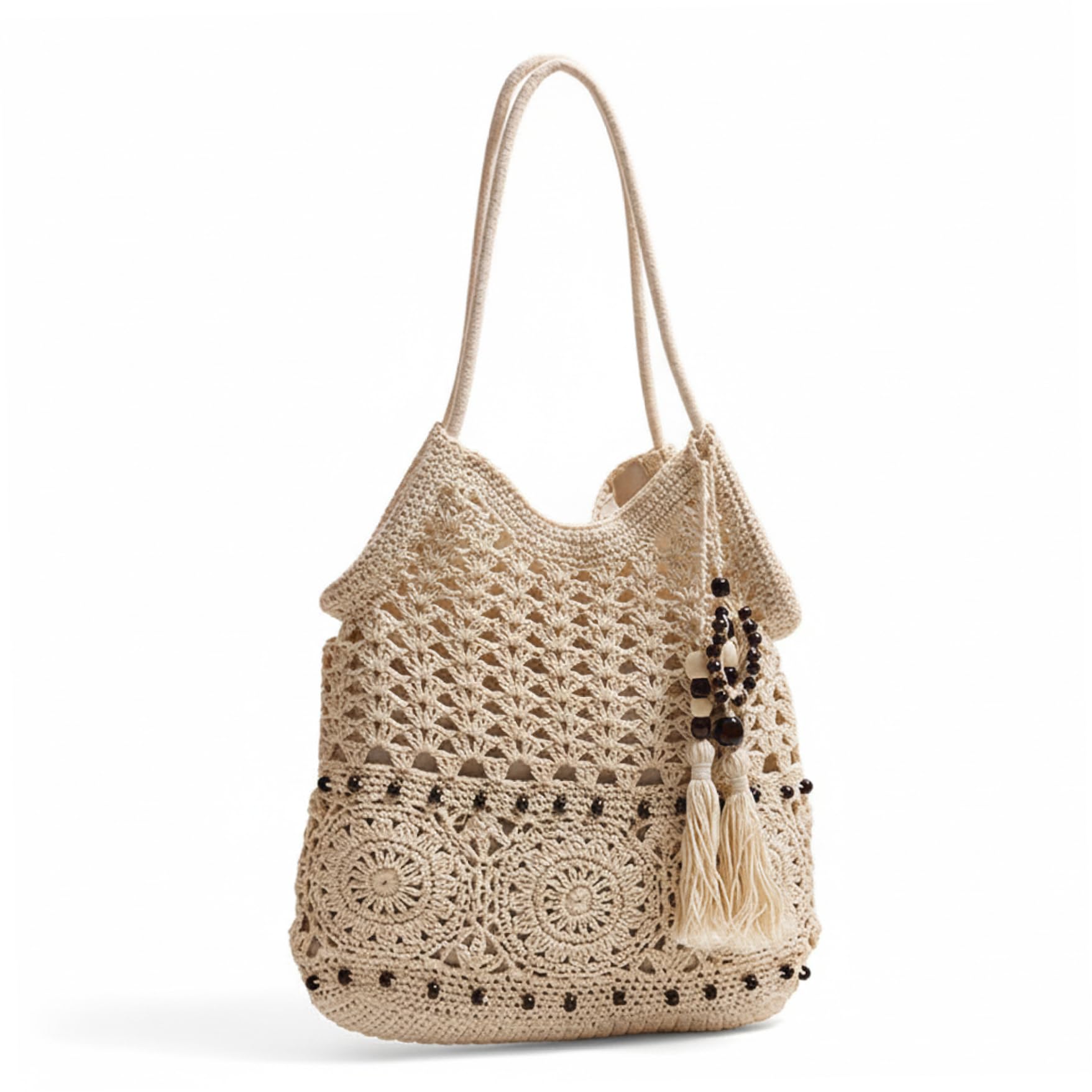 Ameble Unisex Beige Handmade Large Lightweight Crochet Beach Bag For Women With Wood Bead Tassels, Boho Woven Cotton Shoulder Purse, Vacation Summer Tote, Bohemian Style,