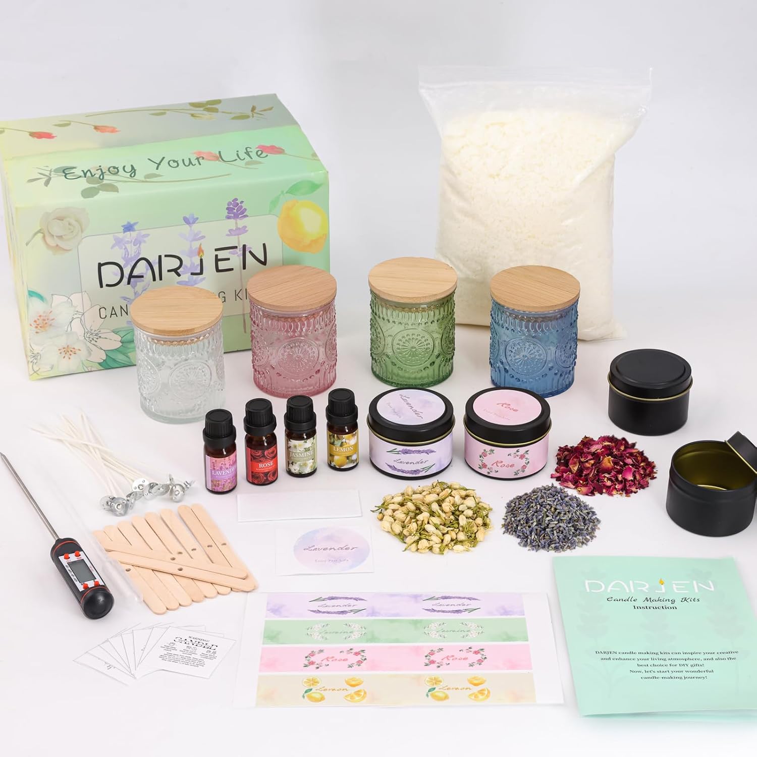 DARJEN Candle Making Kits - Soy Candles Making Supplies for Adults Including 4 Candle Jars(Clear, Pink, Blue, Green), Candle Tins, Wax, Scents, Dried Flower & More, DIY Arts & Crafts Kits Home Decor