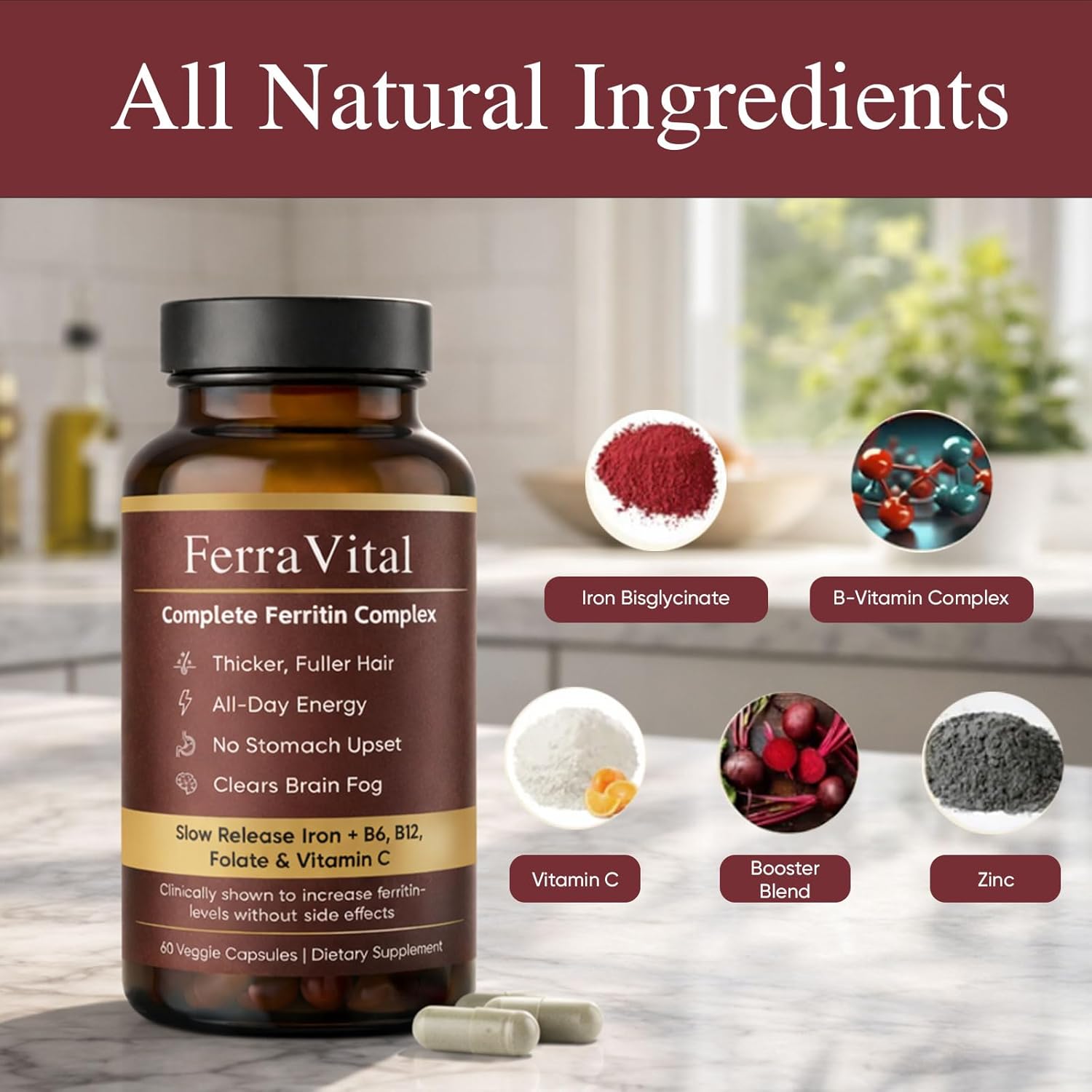 Ferravital Ferritin Support, Ferritin Supplement for Women, Daily Iron Supplement with Iron Bisglycinate Lactoferrin Vitamin C B12, Gluten Free & Non-GMO, 60 Capsules (A)