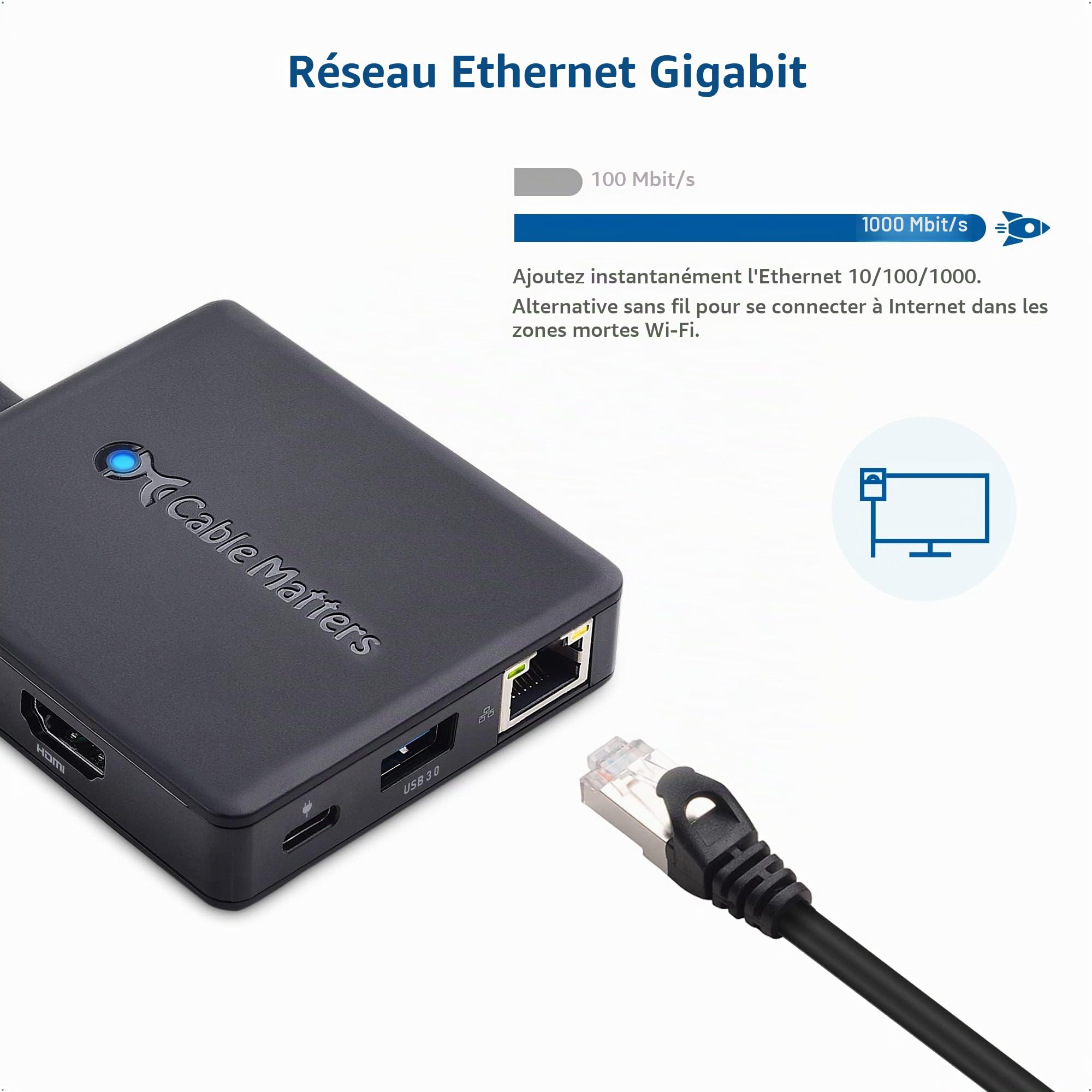Cable Matters 7 sur 1 Hub USB C HDMI, DisplayPort, VGA, USB 3.0, Gigabit Ethernet, Charge 100W - Port Thunderbolt 4 / USB4 / Thunderbolt 3 Compatible MacBook Pro, Dell XPS, Surface Pro et Plus Encore | MacBook Pro, Dell XPS, Surface Pro et plus, DisplayPo