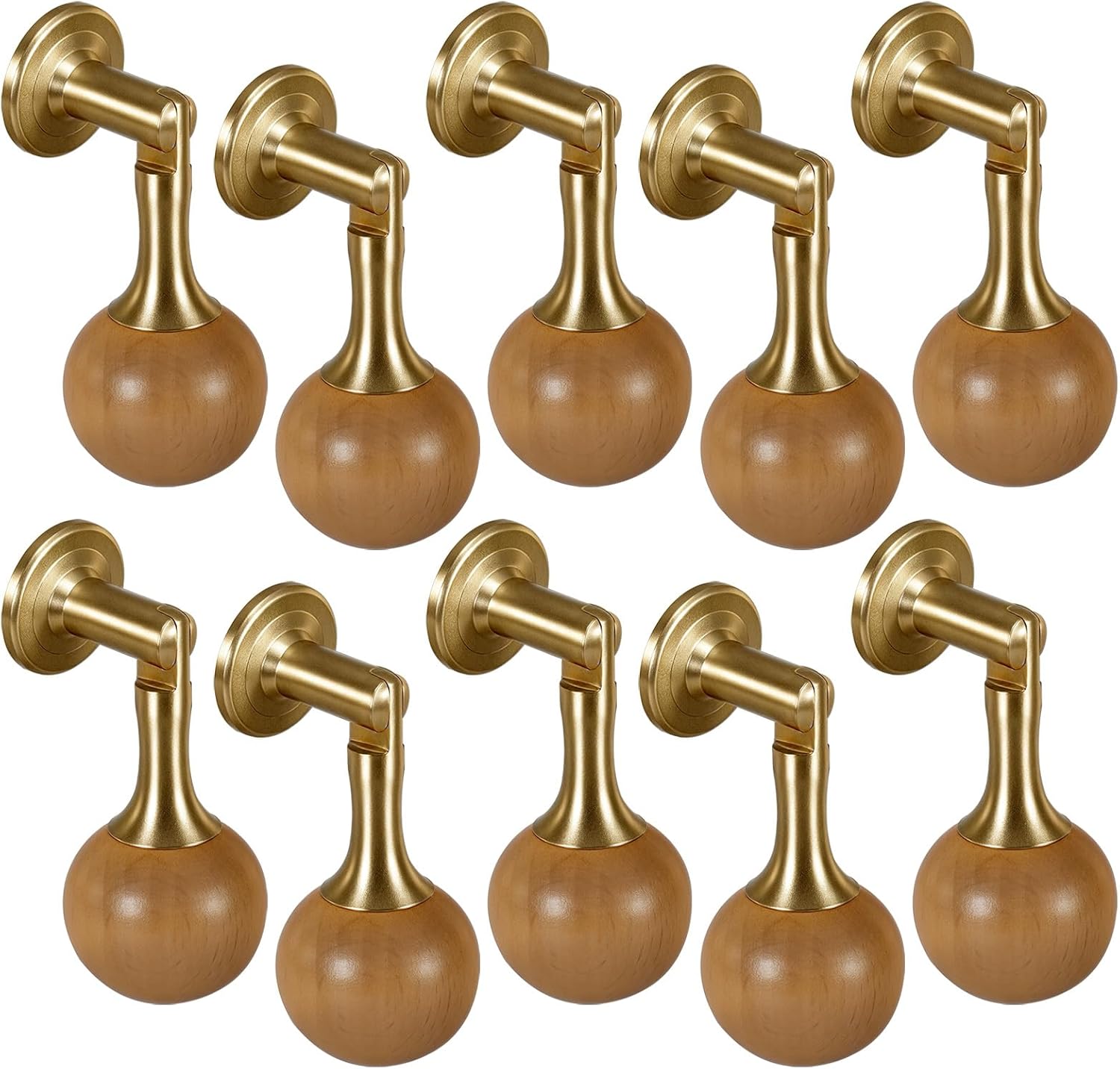 Wood & Brass Cabinet Pulls 10 Pack - 1-3/16''(30mm) Round Beech Gold Cabinet Knobs with Copper Base, Vintage Pendant Knob for Dresser Kitchen Cupboard Drawer Furniture Hardware