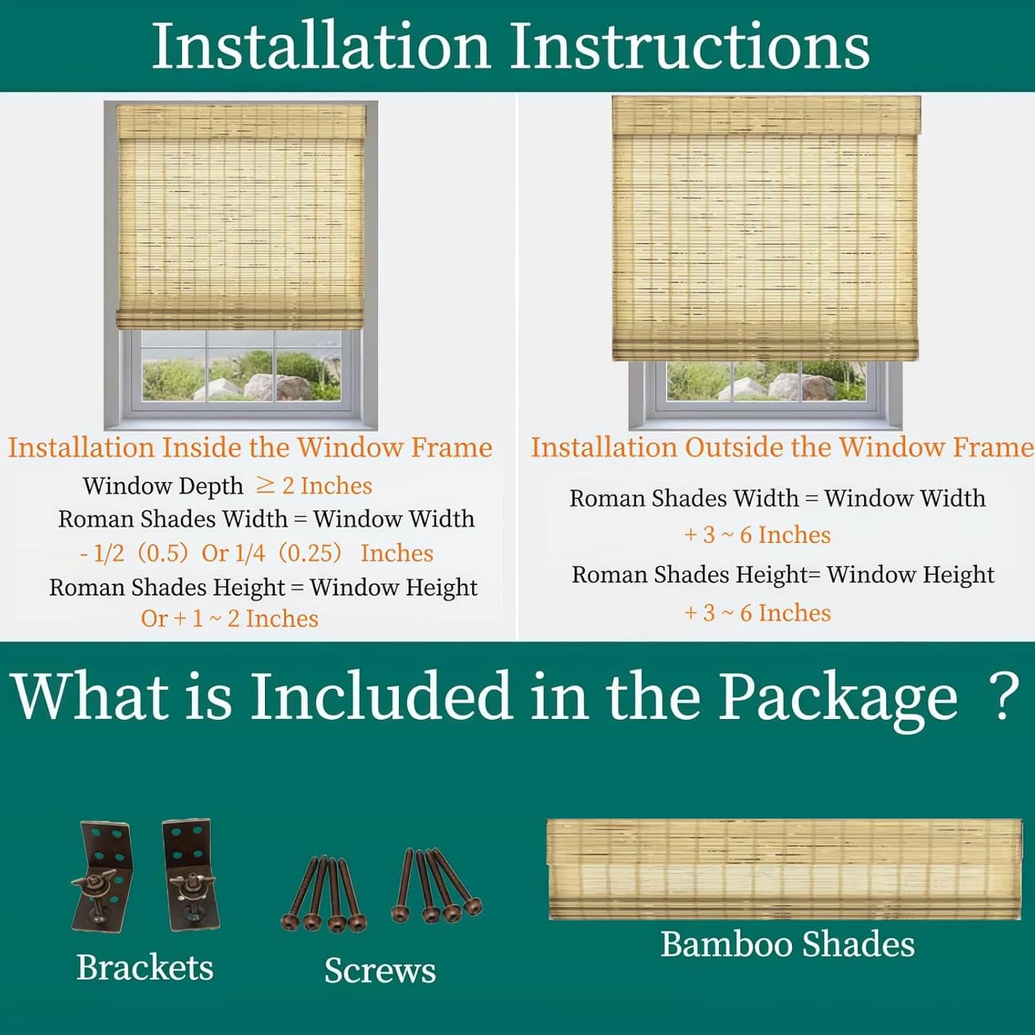 No Tools No Drill Cordless Bamboo Roman Shade Blind Woven with Valance Wood Roman Shades Light Filtering Natural Bamboo Shades.Rustique Style.for Windows Door.50 W x (20" H to 120" H Customize)