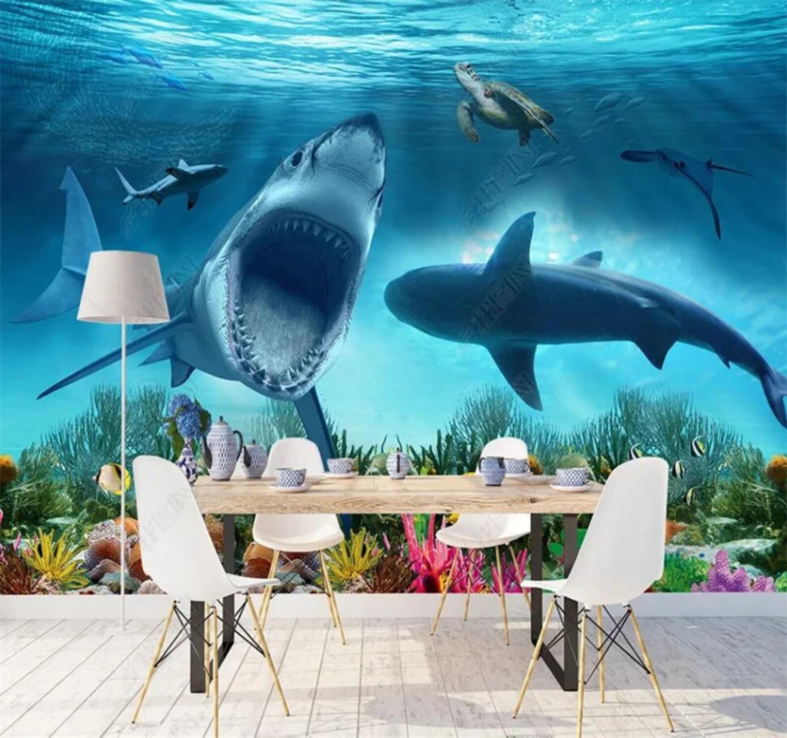 Papier peint 3D requins bleus XLMING pour salon et salle à manger | Décoration murale 200x140 cm