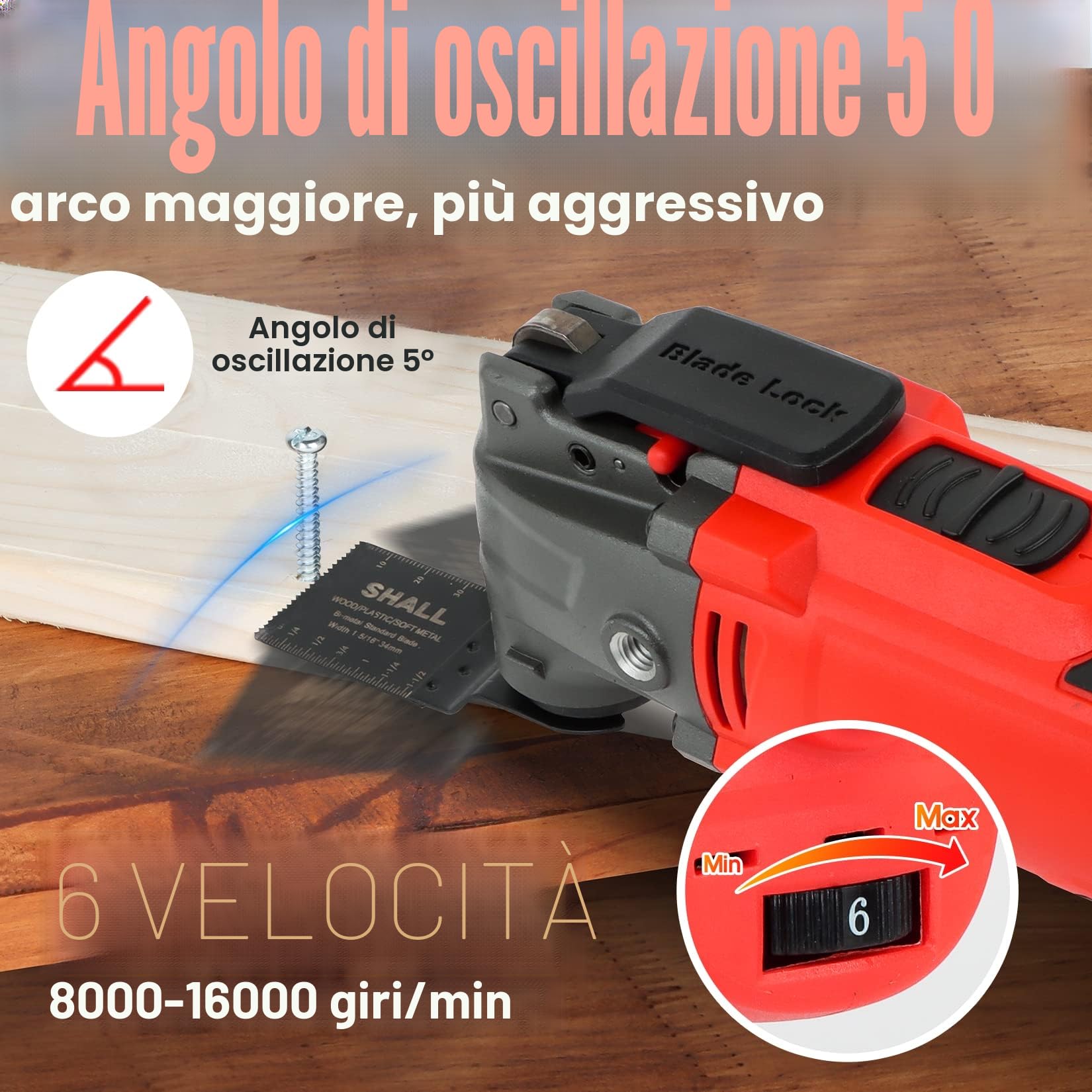 SHALL Strumento oscillante, kit di strumenti multifunzione oscillanti da 500 W con angolo di oscillazione di 5°, 34 accessori per sega e borsa per il trasporto