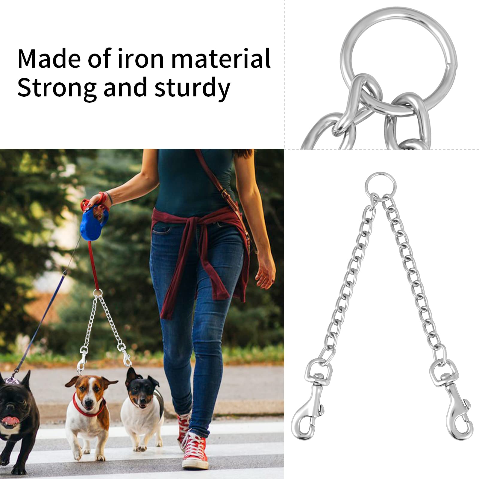 TIESOME Guinzaglio doppio in metallo, resistente, a prova di masticazione, senza grovigli, doppio guinzaglio per cani, prolunga per 2 cani di piccola taglia per camminare (40 cm)