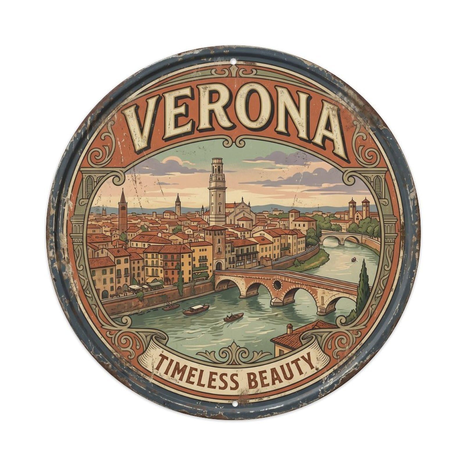 Vintage Travel Verona Oldtown Italy Metal Tin Sign