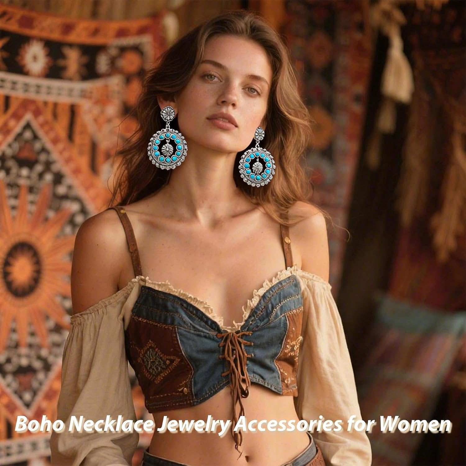 Silver Western Earrings Turquoise Earrings for Women Boho Chic Clothing Western Jewelry for Women Outfit Country Concert Outfits Cowboy Chic Rodeo Outfit Shirts Dress Accessories - Image 3