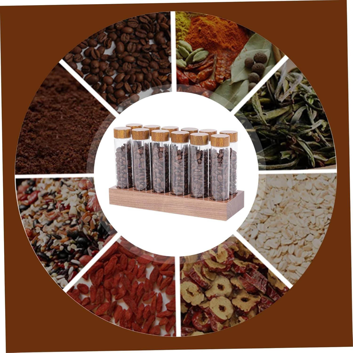 Coffee Bean Container, Single Dose Coffee Bean Storage, 12 Tubes Glass Storage with Wooden Stand, Leakproof Moisture-Proof Espresso with Lids for Tea, Spices