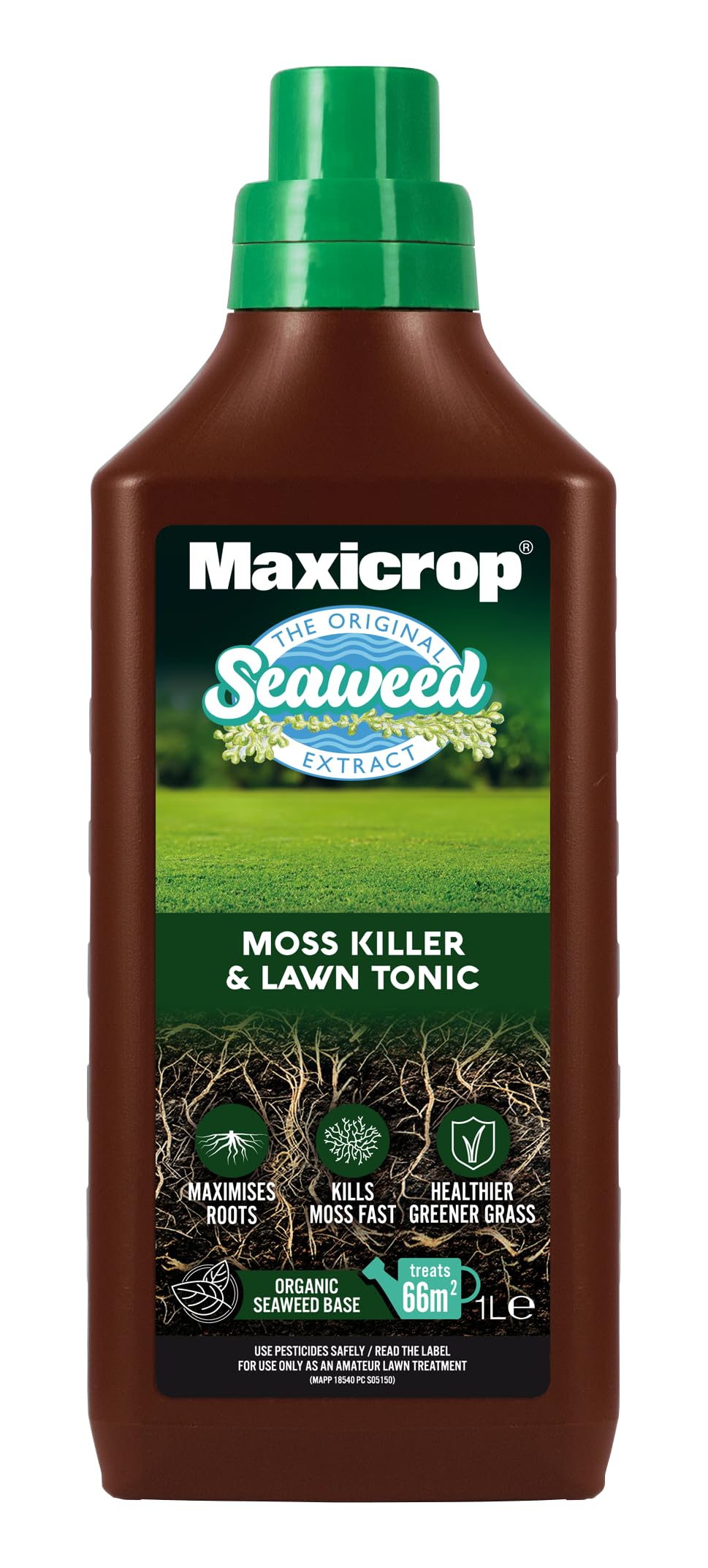Maxicrop 86600258 Moss Killer & Lawn Tonic, 1L - Fast Acting 2-in-1 Moss Killer and Lawn Re-Growth Tonic - with Natural Seaweed Extract - Improves Lawn Health and Strong Rooting - Garden Care