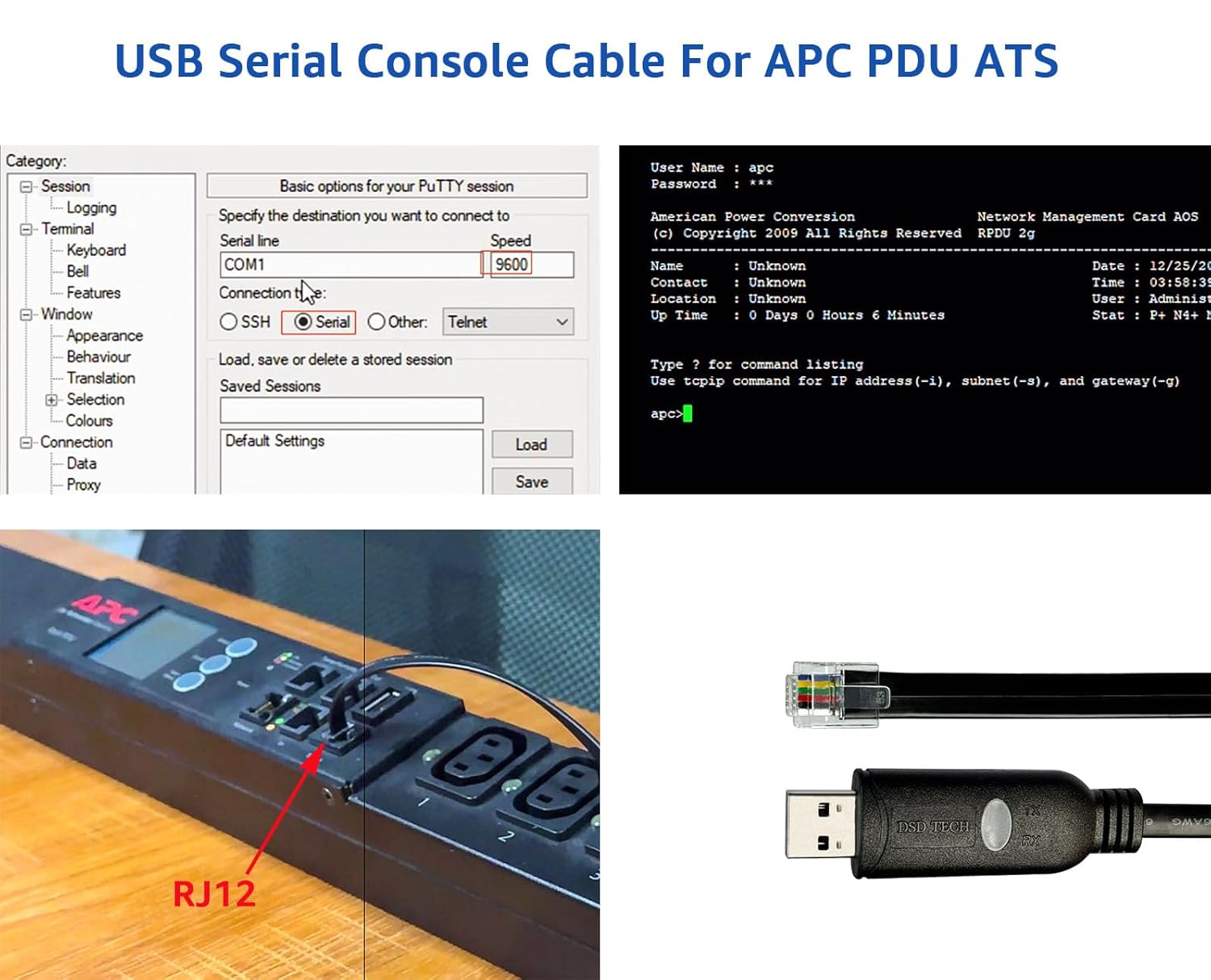 DSD TECH SH-RJ12A USB to RJ12 6P4C Serial Cable for APC PDU ATS(5.9FT/1.8M) (Pack of 3)