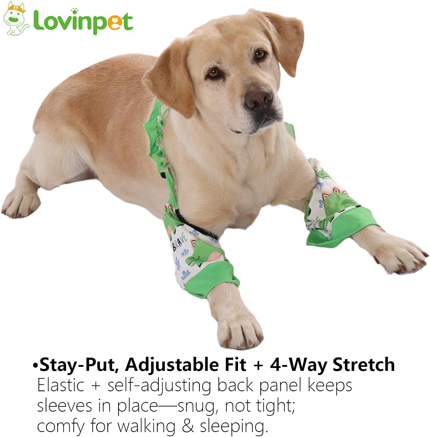 LovinPet Front Leg Sleeves for Medium and Large Dogs, 4-Way Stretch Elbow Protection, Anti-Lick Recovery, Warmth and Callus Prevention, Pair, Dinosaur Print, Green White,XXL - Image 5