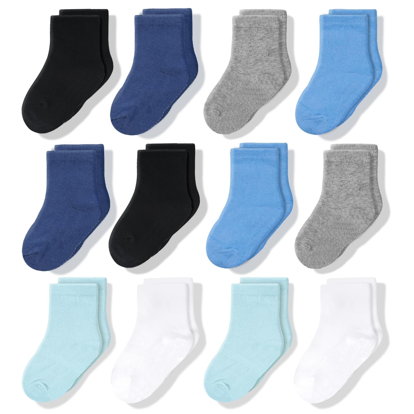 CozyWay Baby Crew Socks 0-6 Months - 12 Pack, Blue White & Black - Soft Fade-Resistant Cotton & Reinforced Toe - Solid Colored Infant Socks