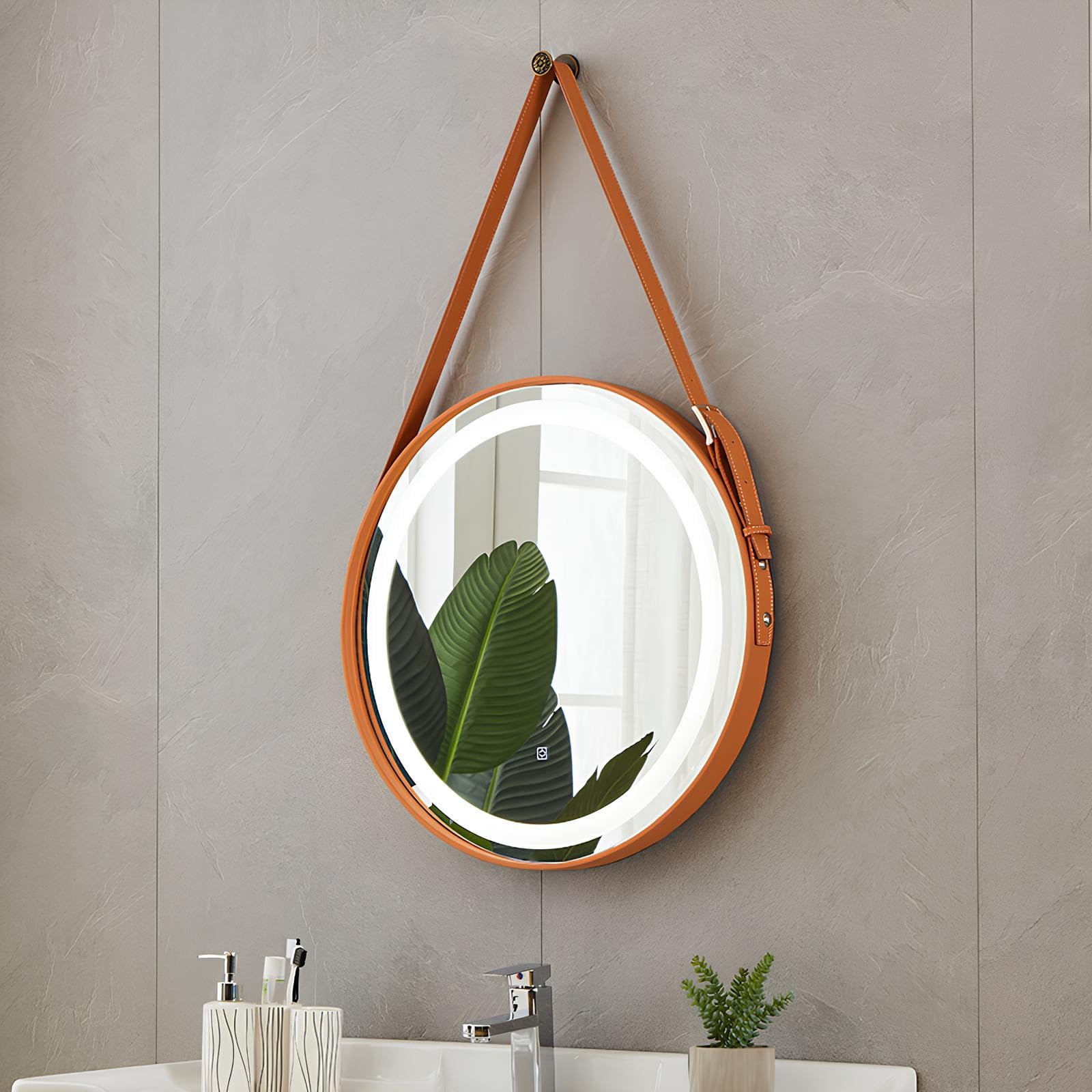 FGXHHS Hanging Wall Circle Mirror Round Backlit Bathroom for Bedroom Living Room(Orange,70cm/27.6in)