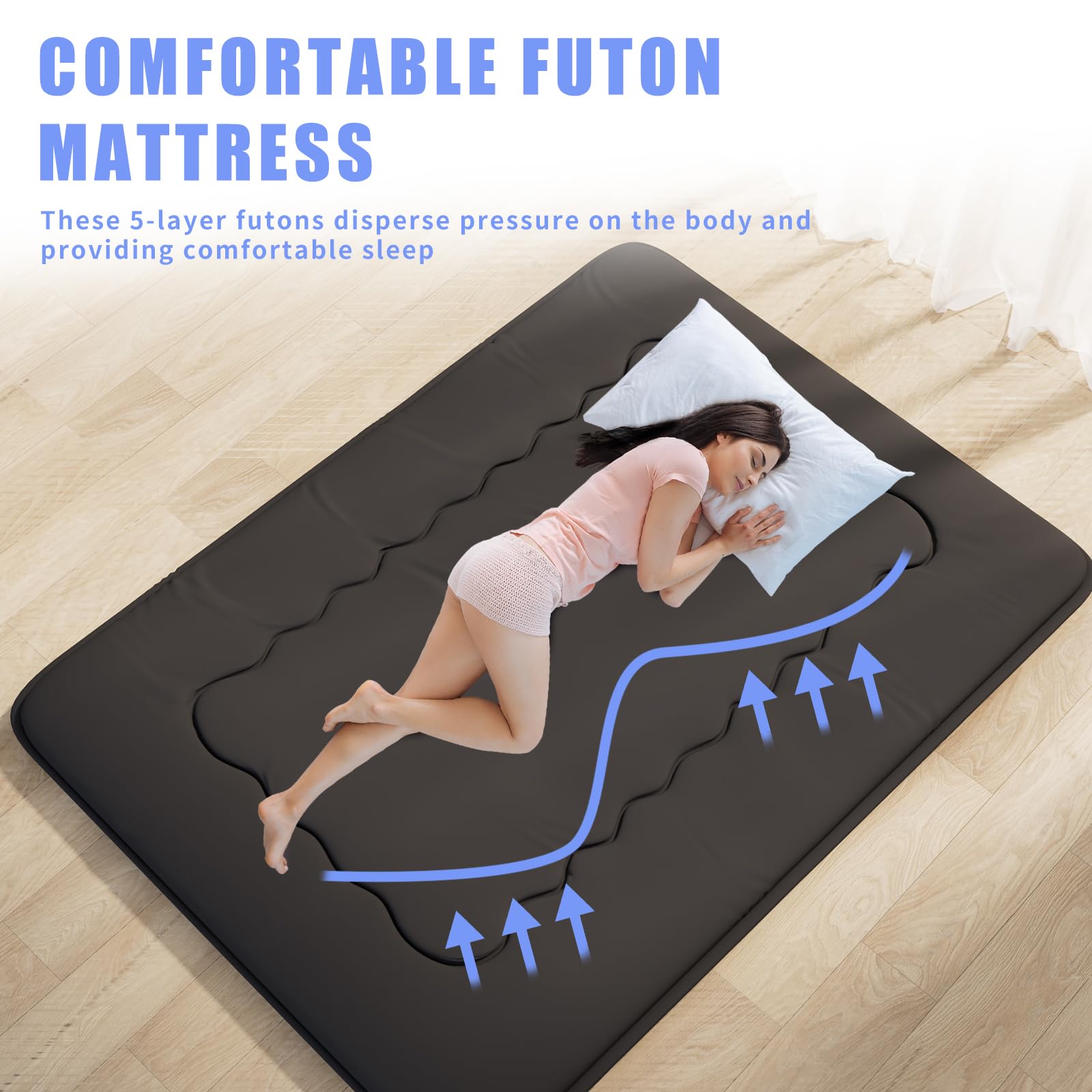 Materasso futon giapponese, tatami, pieghevole, portatile, per dormitorio, con borsa e cinghia, materasso da pavimento, materasso da campeggio ispessito, materasso arrotolabile (nero classico X1, 90 x