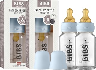 BIBS Baby Glass Bottle 110ml, 2er Pack, Vermindert Koliken, Runder Sauger aus Naturkautschuklatex, Unterstützt das Stillen, Complete Set - 110 ml (Pack of 2), Baby Blue