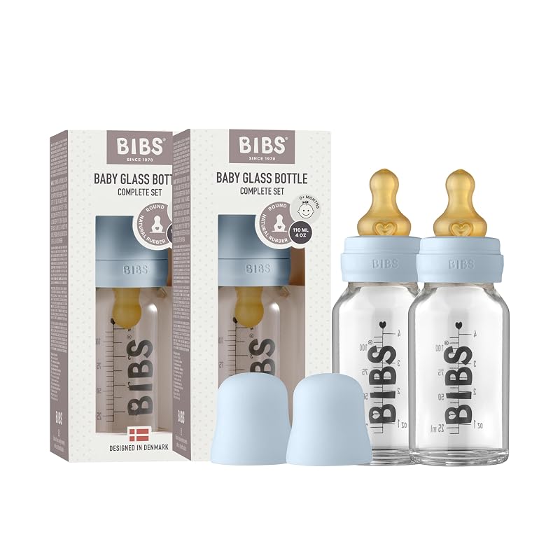 BIBS Glass Bottle, 3.7 oz/110 ml, 2-Pack, Natural Rubber Nipple, Baby Blue | Borosilicate Glass | Anti-Colic | BPA-Free | Dishwasher Safe | Supports Natural Feeding Baby Blue 2 Pack (110 ml) 2 pack