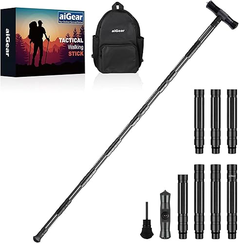 aiGear G2 Tactical Stick Hiking Walking Staff - Trekking Poles Outdoor Adjustable Hiking Stick for Camping Hiking 5-8 Tubes（with Multitool）