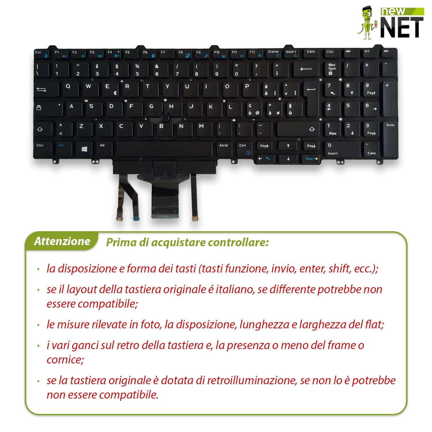 new net - Tastiera Compatibile con Notebook dell Precision 3510, 3520, 3530, 7510, 7520, 7710, 7720 [Senza Frame - Colore Tasti Nero - Trackpoint - Retroilluminata - Layout ITA]