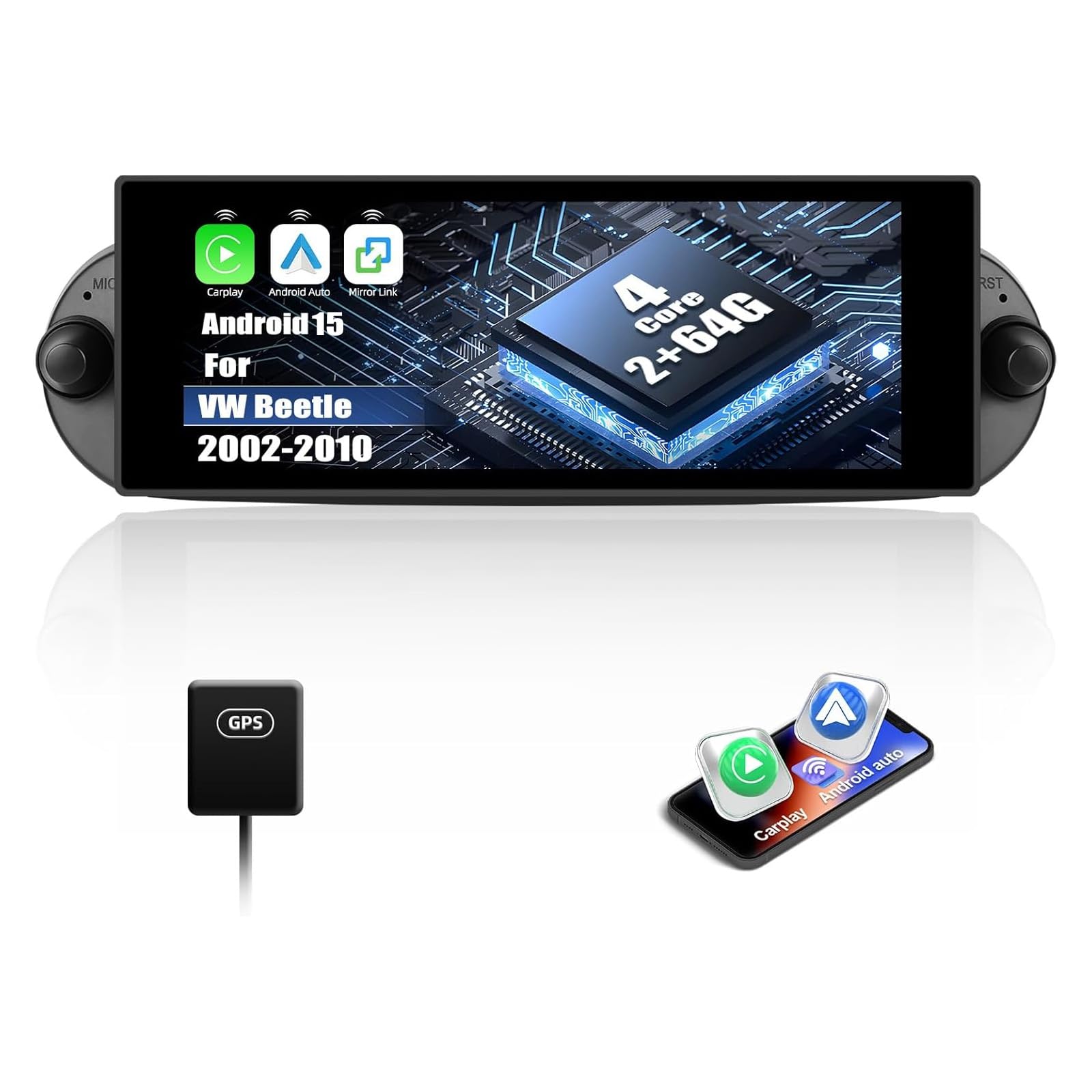 CAMECHO 2G+64G 6.86 Pollici Android 15 Carplay Autoradio per VW New Beetle 2002-2010 con Nav Wireless Carplay Android Auto, 2 Din Stereo con Schermo WiFi Bluetooth RDS Mirror Link e 2USB +SWC
