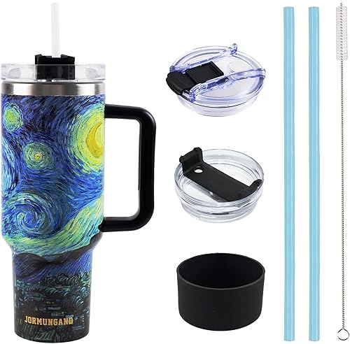 Miniatura 2 de Jormungand Vaso de 40 onzas con asa y pajita, botella de agua de acero inoxidable con aislamiento al vacío para bebidas calientes o frías, taza de