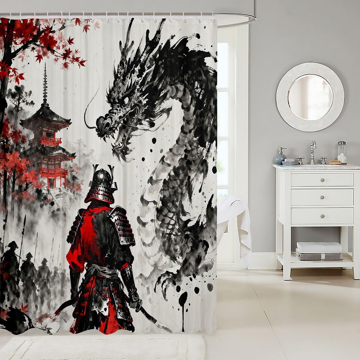 jejeloiu Dragon Shower Curtain for Bathroom Decor Japanese Style Samurai Bath Curtain Anime Sunset Bathroom Accessories Ancient Wildlife Waterproof Polyester Fabric for Stalls Bathtubs 72"x72" image 2