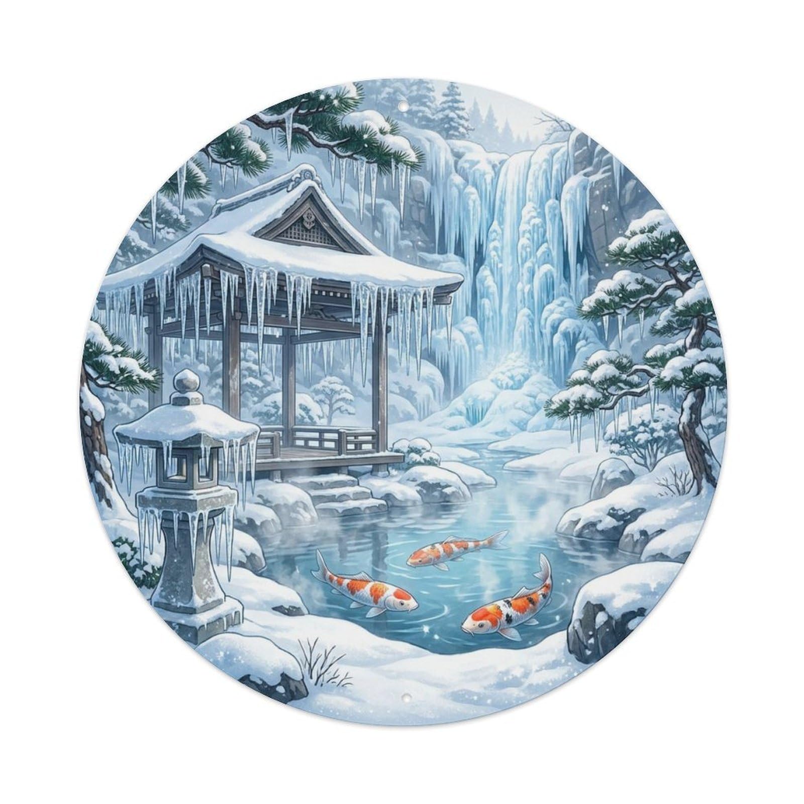 Olyhtr 8X8inch Classic Style Winter Koi Pond Vintage Landscape Icicles Frozen Cold Metal Tin Sign