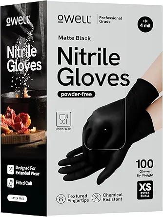 OWELL® Black Nitrile Gloves – 4mil Powder-Free Latex-Free, Food Safe, Chef, BBQ, Cooking, Pro Kitchen Disposable Gloves
