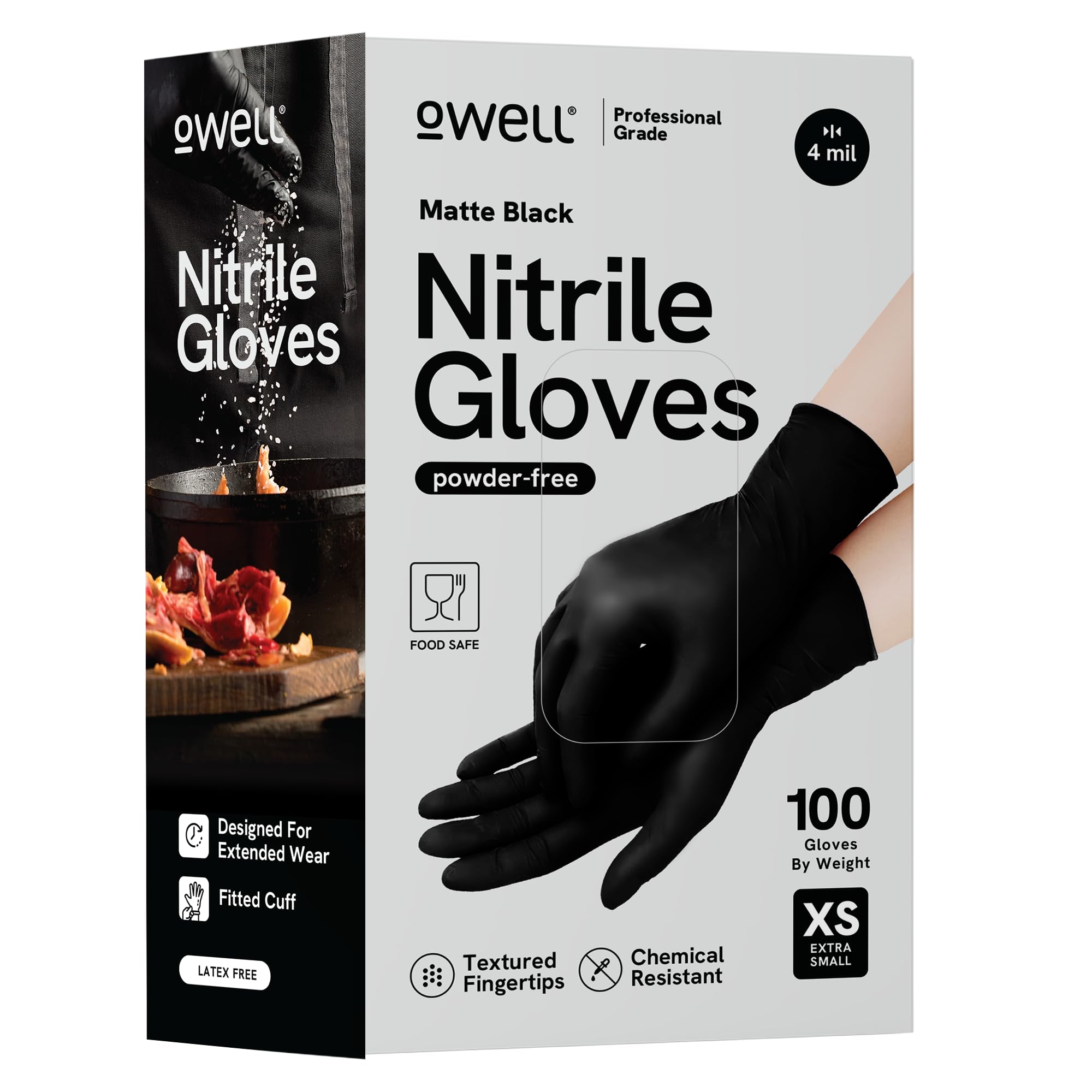 OWELL® Black Nitrile Gloves - 4 Mil Food Safe Disposable Gloves - Latex-Free, Powder-Free, Medical Exam & Chemical Resistant