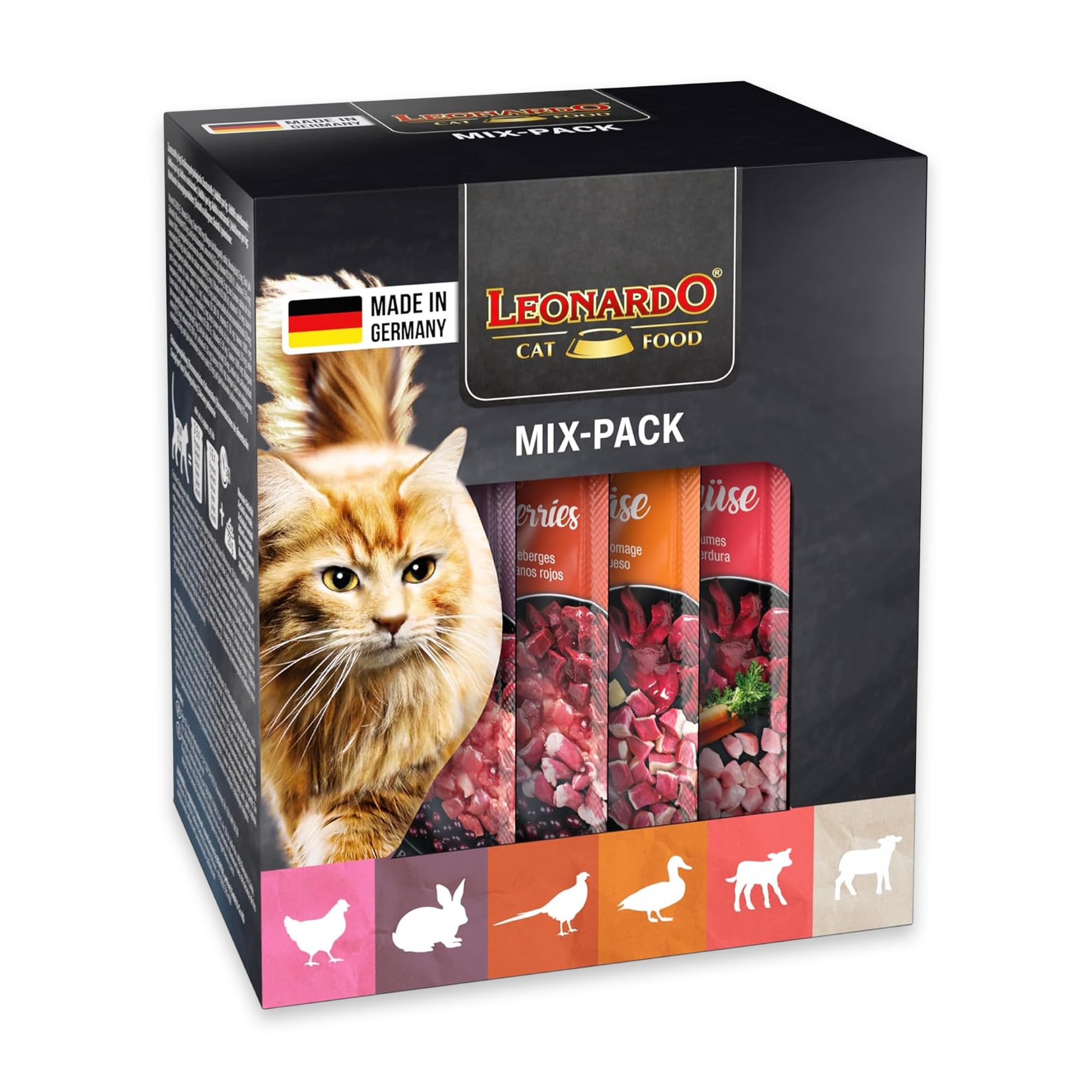 LEONARDO Katzenfutter nass 6x85g Mix-Pack, Finest Selection, Nassfutter ohne Getreide und Zucker für ausgewachsene Katzen mit Huhn, Fasan, Kaninchen, Ente, Kalb & Lamm, Made in Germany