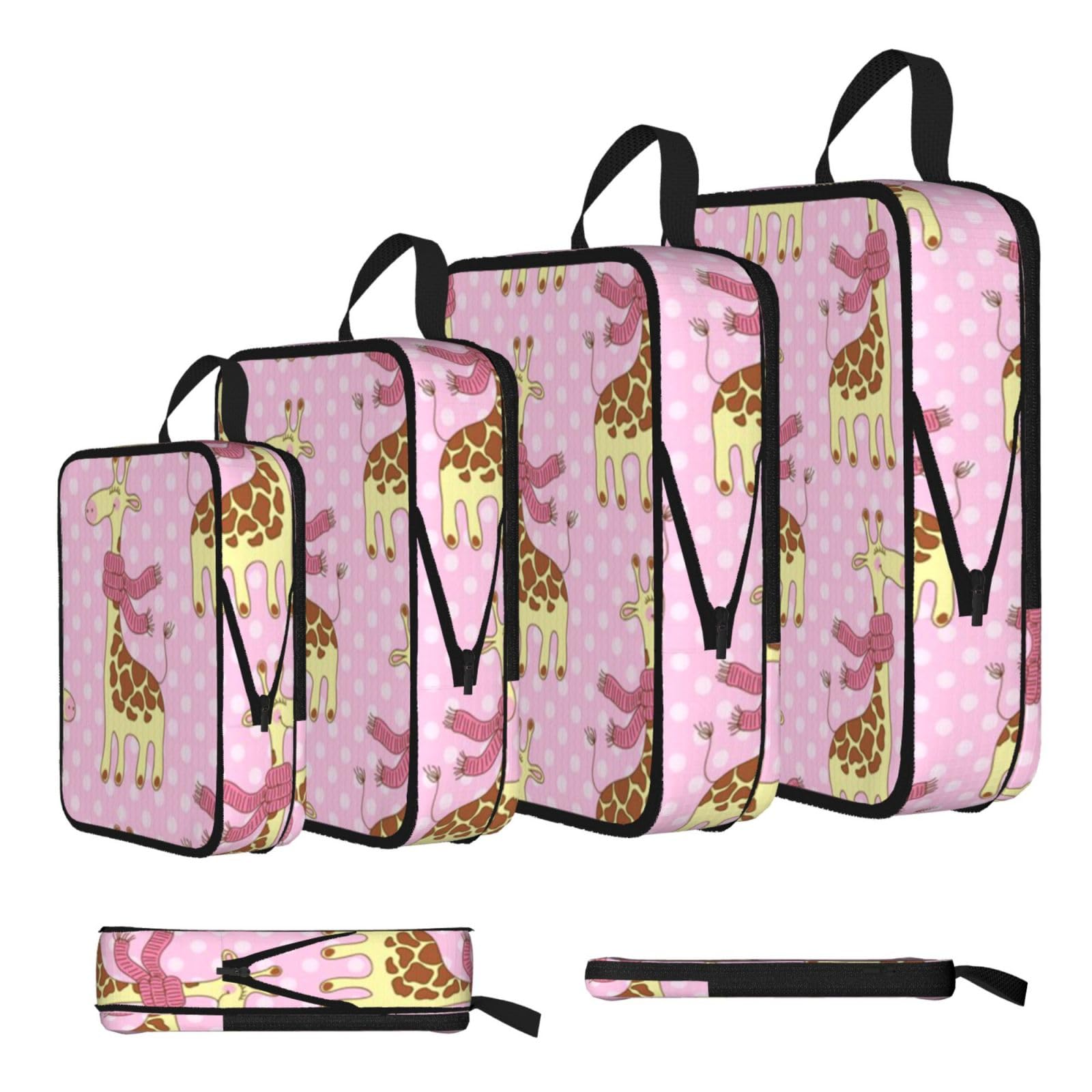 Esnaiuvcd Black Cute Giraffes Print 4 Set Compression Packing Cubes For Suitcases,Expandable Storage Bags Organizers