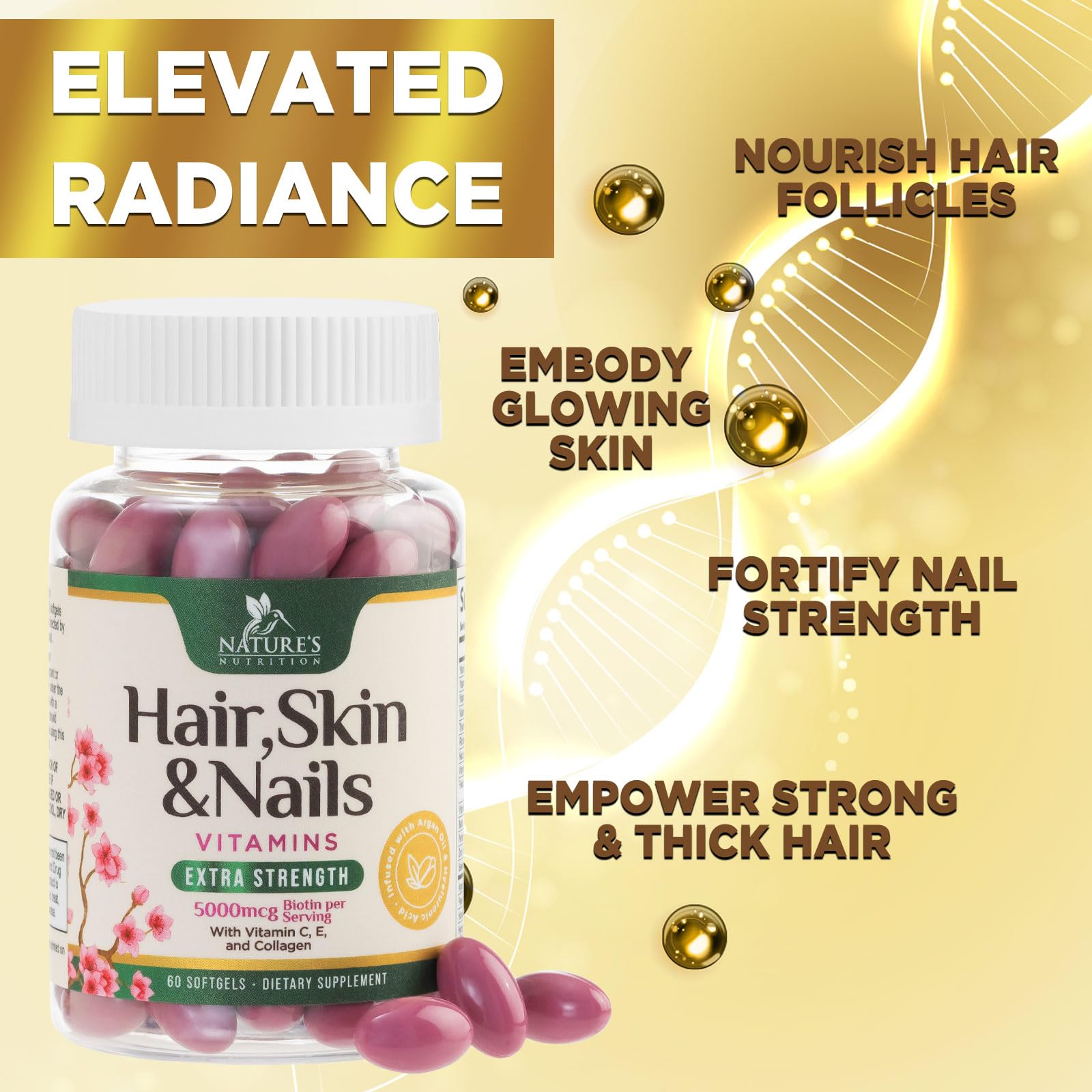 Hair Skin and Nails Vitamins for Hair Growth - Extra Strength Biotin 5000mcg, Collagen, Argan Oil & Hyaluronic Acid Multivitamin - Best Beauty Supplement for Women & Men - USA Bottled - 60 Softgels — Amazon image 6