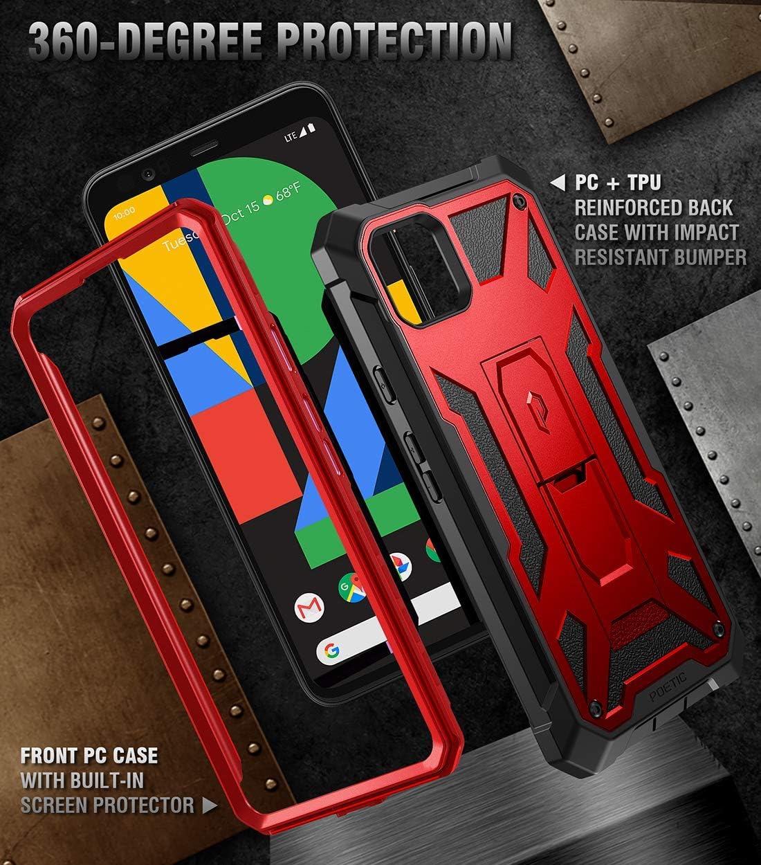 Poetic Spartan Series Designed for Google Pixel 4 XL 6.3 inch, Full-Body Rugged Dual-Layer Metallic Color Accent with Premium Leather Texture Shockproof Protective Cover with Kickstand, Metallic Red