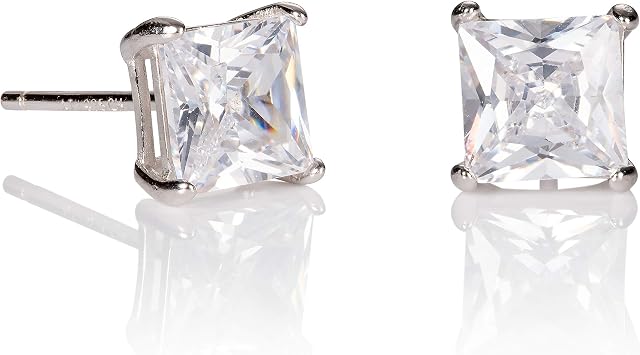 Namana Silver Square Stud Earrings for Men, Silver Studs for Men with Solitaire 6 mm Square Cubic Zirconia, Jewellery Gifts for Men