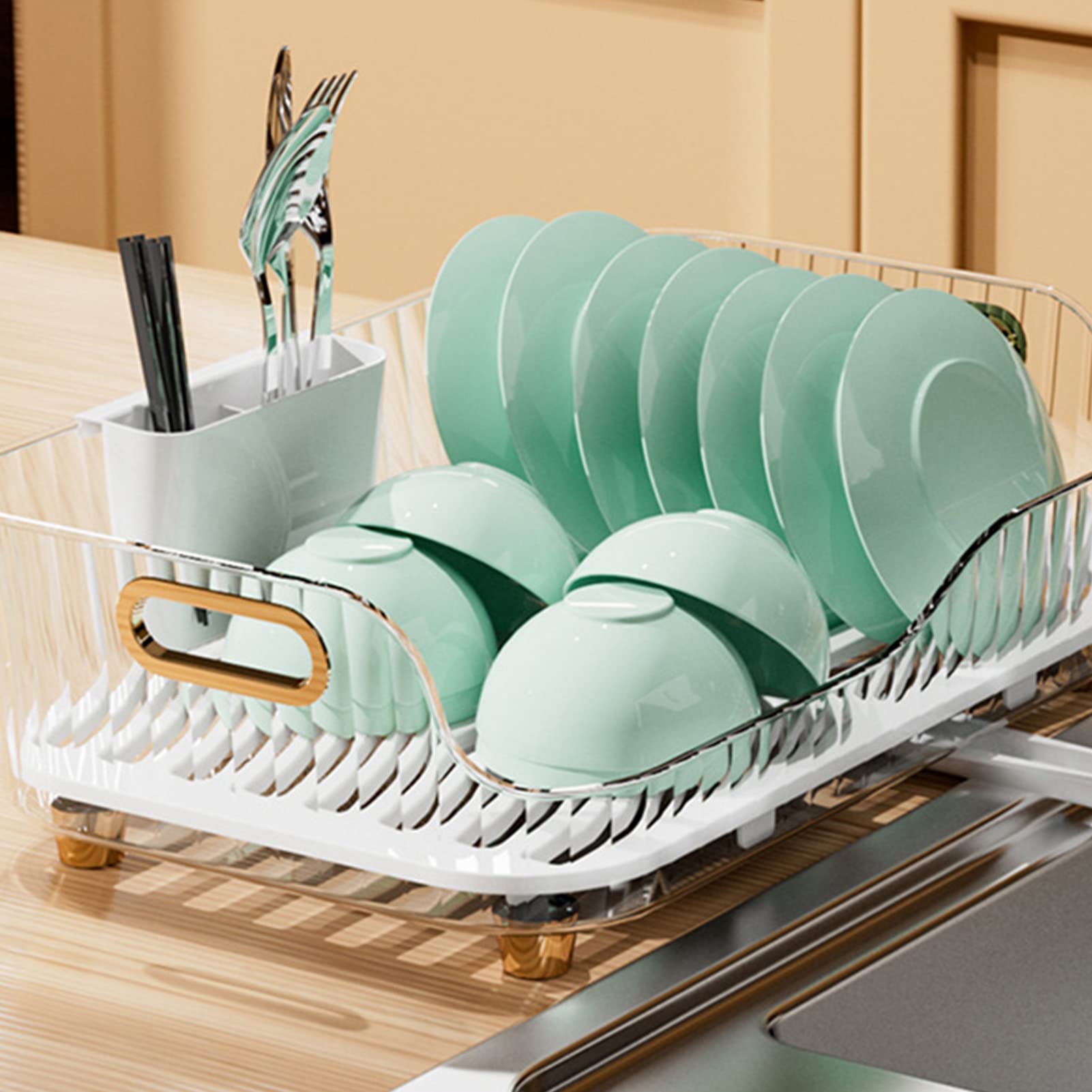 Verstellbares, weißes Abtropfgestell und Besteckkorb aus Kunststoff – platzsparendes Design für müheloses Trocknen und stilvolles Küchen-Display, perfekt für kleine Räume