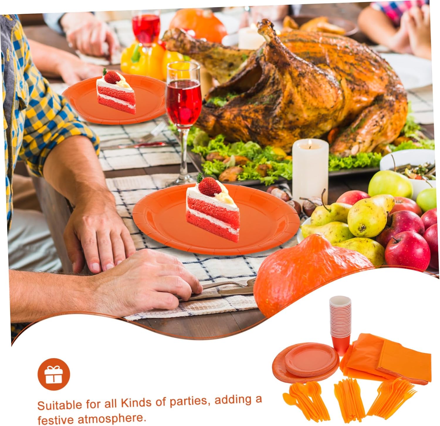 PRETYZOOM Party Dinnerware Orange Paper Plates Cups Napkins Forks Knives Tablecloth for Wedding Gatherings