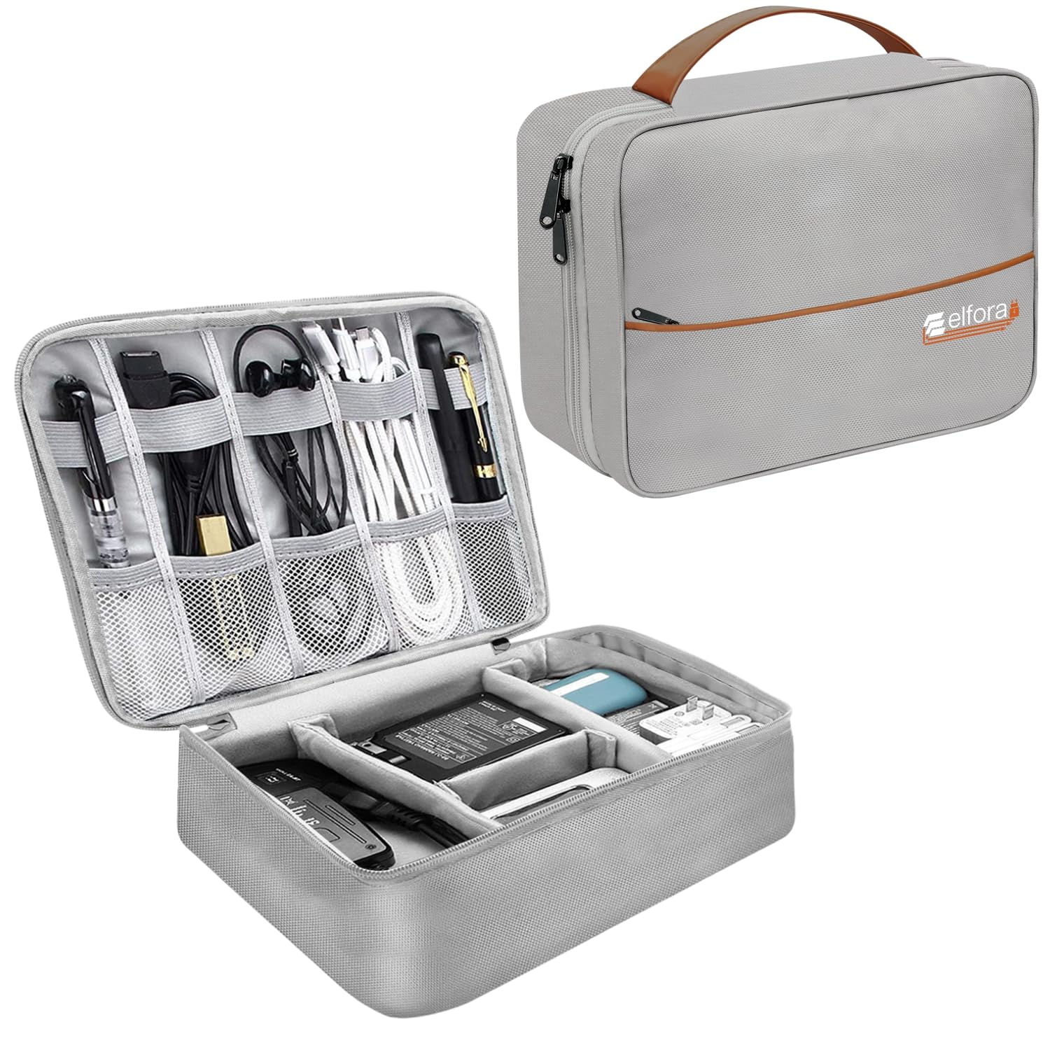 Elfora Electronics Gadget Organizer Bag | Travel Tech Accessories Case for Cables, Phone, USB Charger, Earphone & Power Bank | Multi-Purpose Storage Pouch with Mesh Pockets & Handle Carry Strap (Grey)-image-49