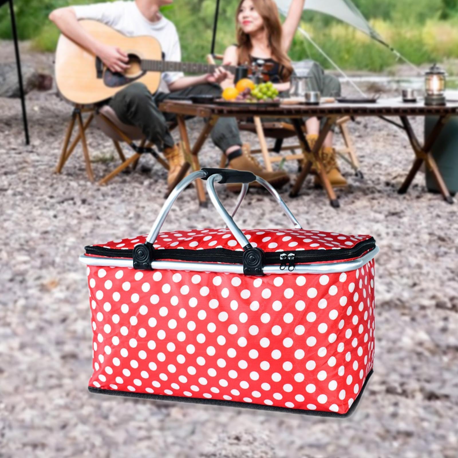 Bolsa Isotérmica Tipo Cesta de Picnic con Forro Impermeable, Térmica Plegable para Viajes, Senderismo Y Acampada, Punto Rojo