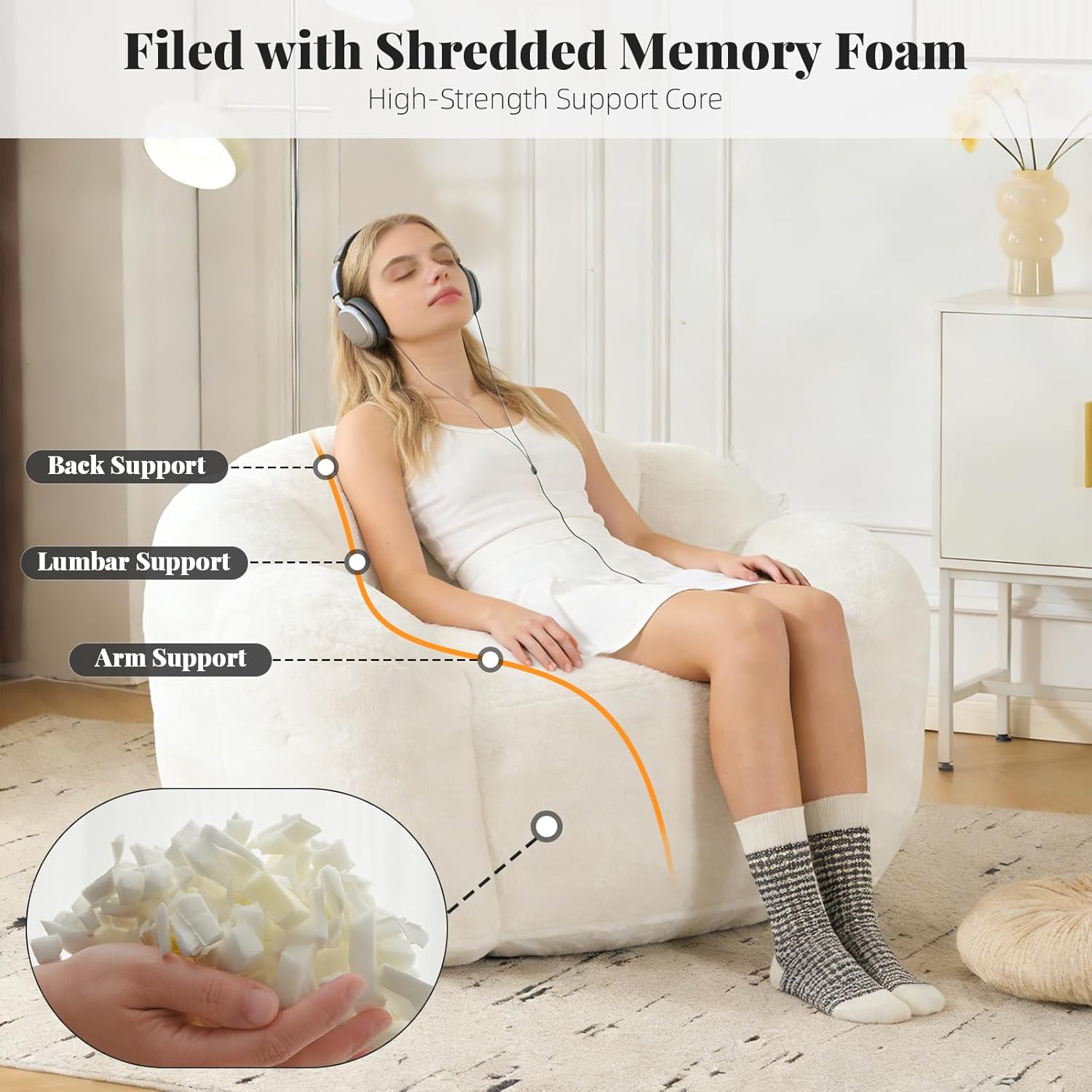 MOJAY Bean Bag Chairs for Adults, Large Faux Fur Bean Bag Chair – Ultra Soft Floral Shaped Floor Sofa, Stuffed Comfy Giant Couch for Living Room Bedroom, Reading Playing Relaxing