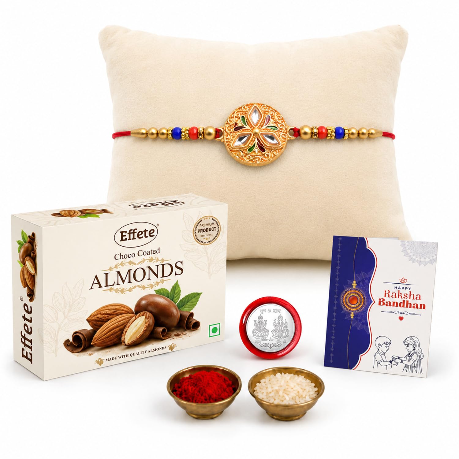 DeoDap Rakhi For Brother Set Of 1 with Effete Chocolate Almonds, Silver Color Pooja Coin, Roli Chawal & Greeting Card