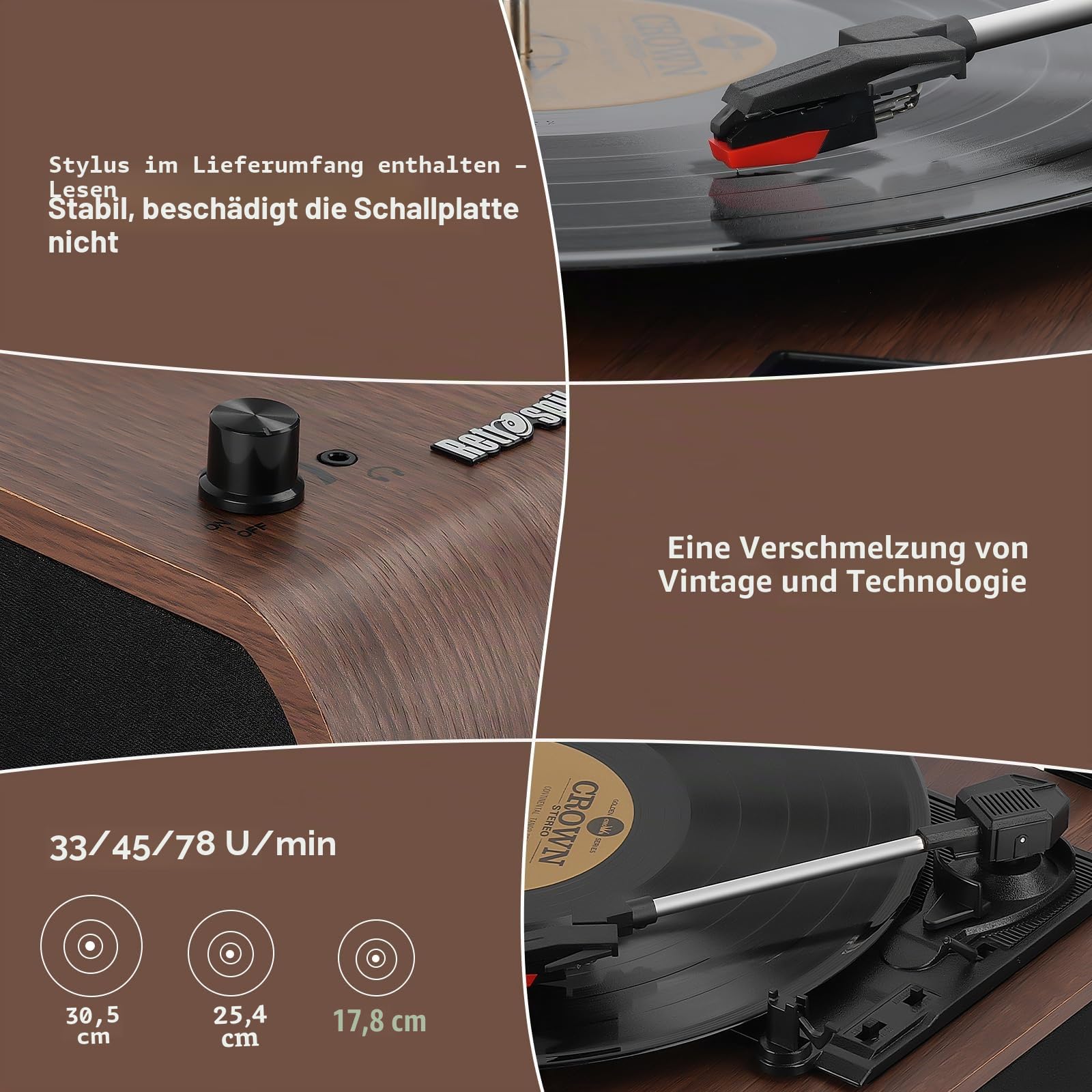 Plattenspieler, 3-Gang-Bluetooth-Plattenspieler mit eingebauten Lautsprechern, FM-Radio, Vinyl-MP3-Codierung, USB- & SD-Wiedergabe, LED-Bildschirm, Holz-Retro-LP-Player