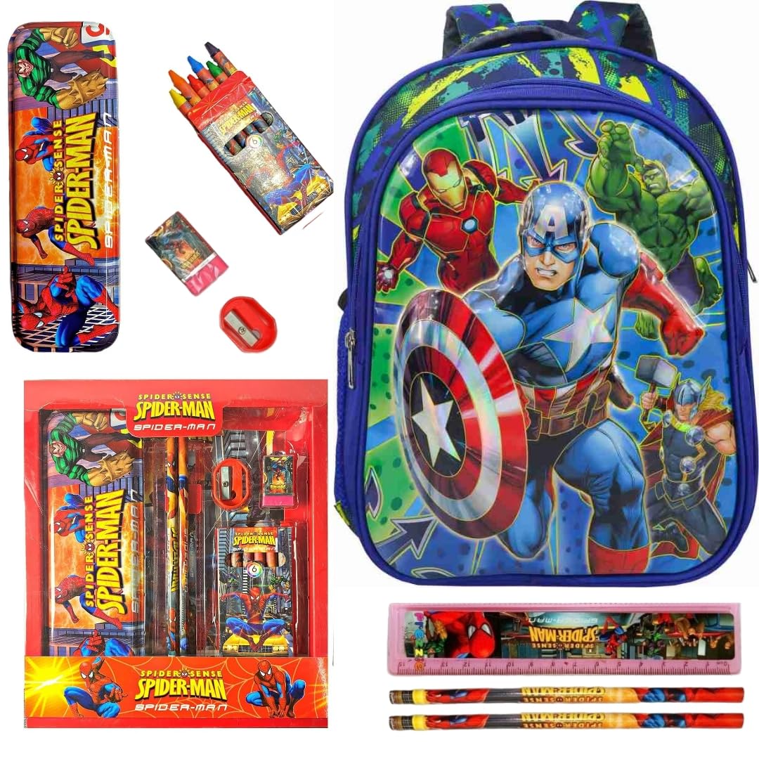 Prezzie Villa 8pcs Avengers Backpack Set for Boys, Boys and Toddlers - Superheroes School Supplies Kit with Pencil Box, Eraser, Sharpener, Ruler, Pencils, Crayons for Birthday Return Gift