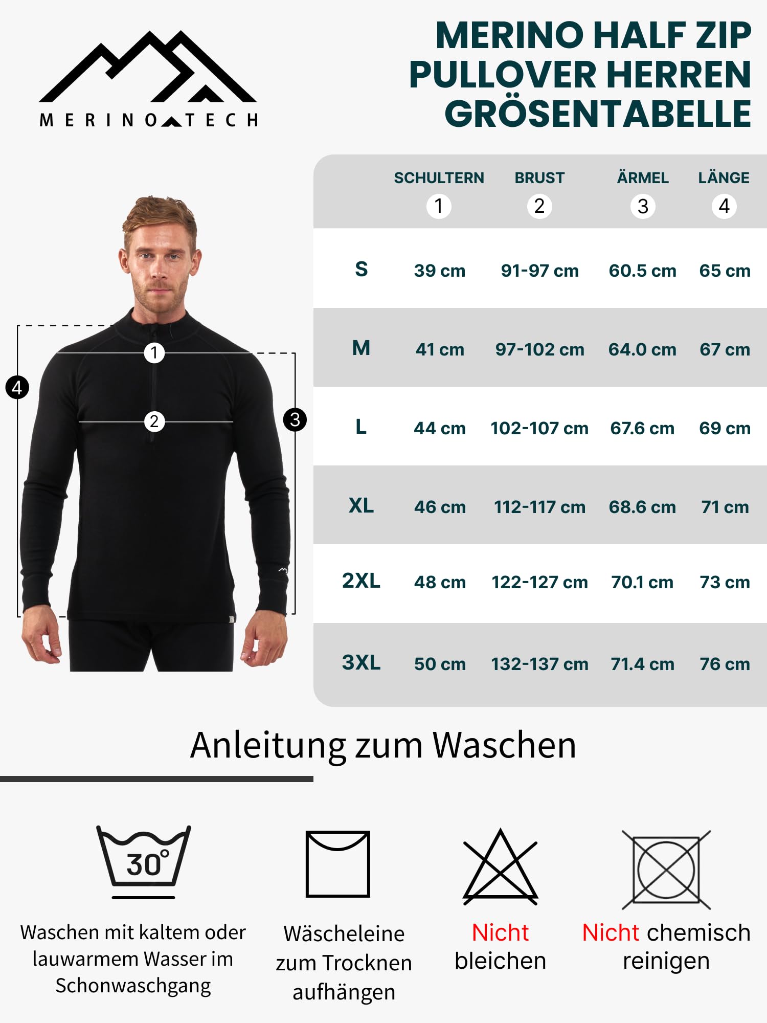 Merino.tech 100% Merinowolle Half Zip Pullover Herren – Atmungsaktiv Merino Unterwäsche Herren mit Reißverschluss