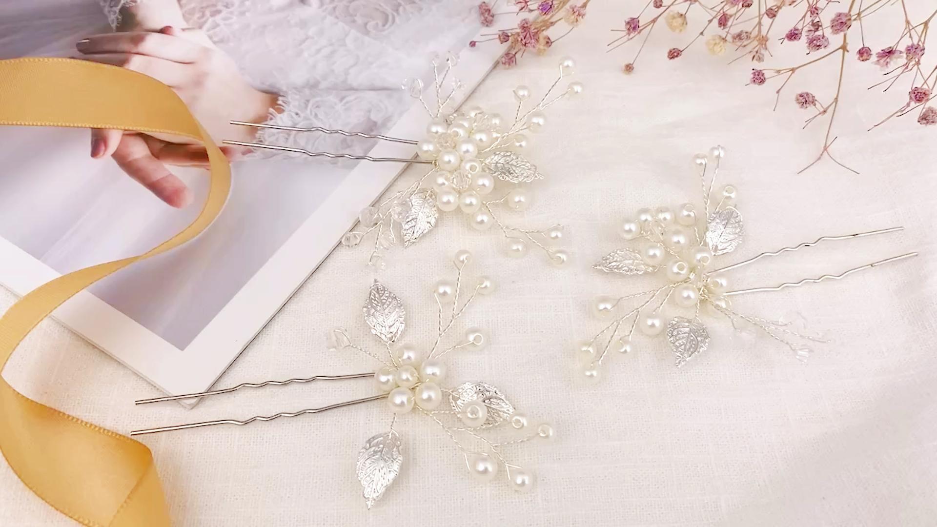 Wedding Hair Accessories Pearl Rhinestone Leaf Pins Set for Brides Bridesmaids il_fullxfull.1583593975_nemw.jpg main image 3