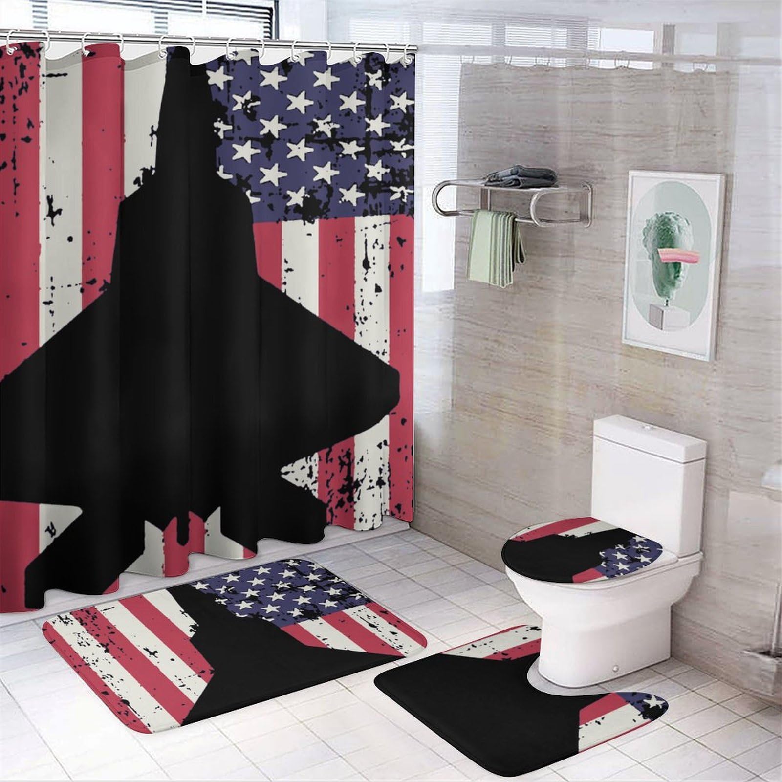 CGSBNGHA Patriotic F-22 Raptor Fighter Jet Americans-flag Shower Curtain Set 4 Piece Bathroom Sets with Rugs Toilet Lid Cover And U-Shaped Floor Mat